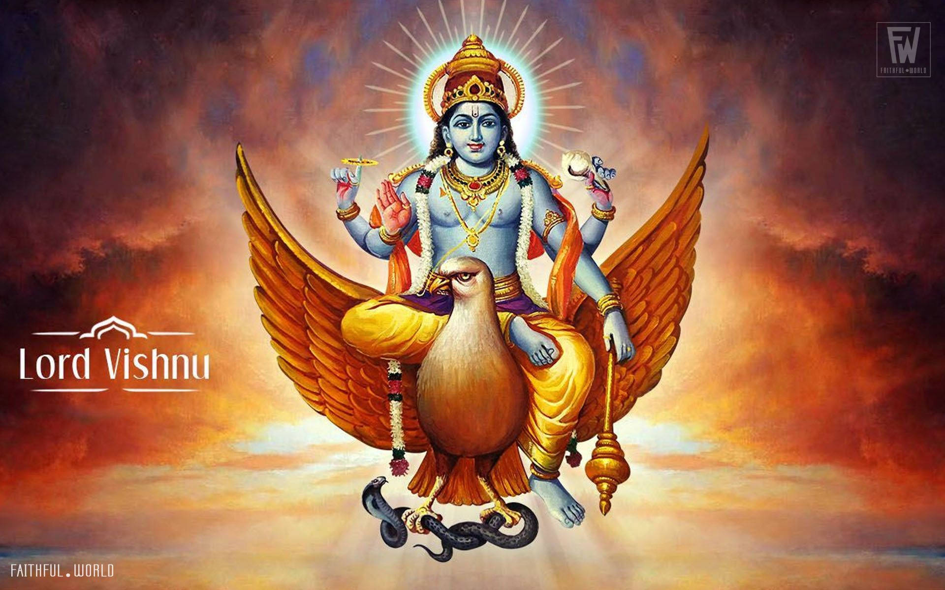 Lord Vishnu, golden Garuda, fiery sunset sky, Full HD Desktop Wallpaper