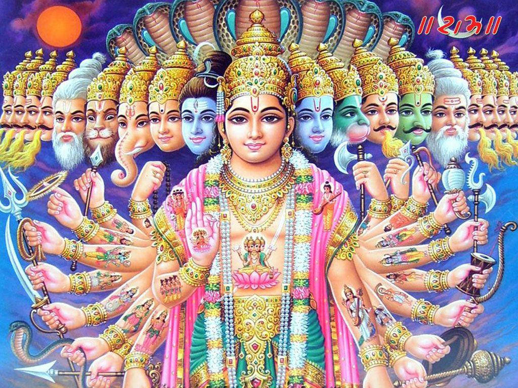 Lord Vishnu, many faces, many hands, SD Desktop Wallpaper