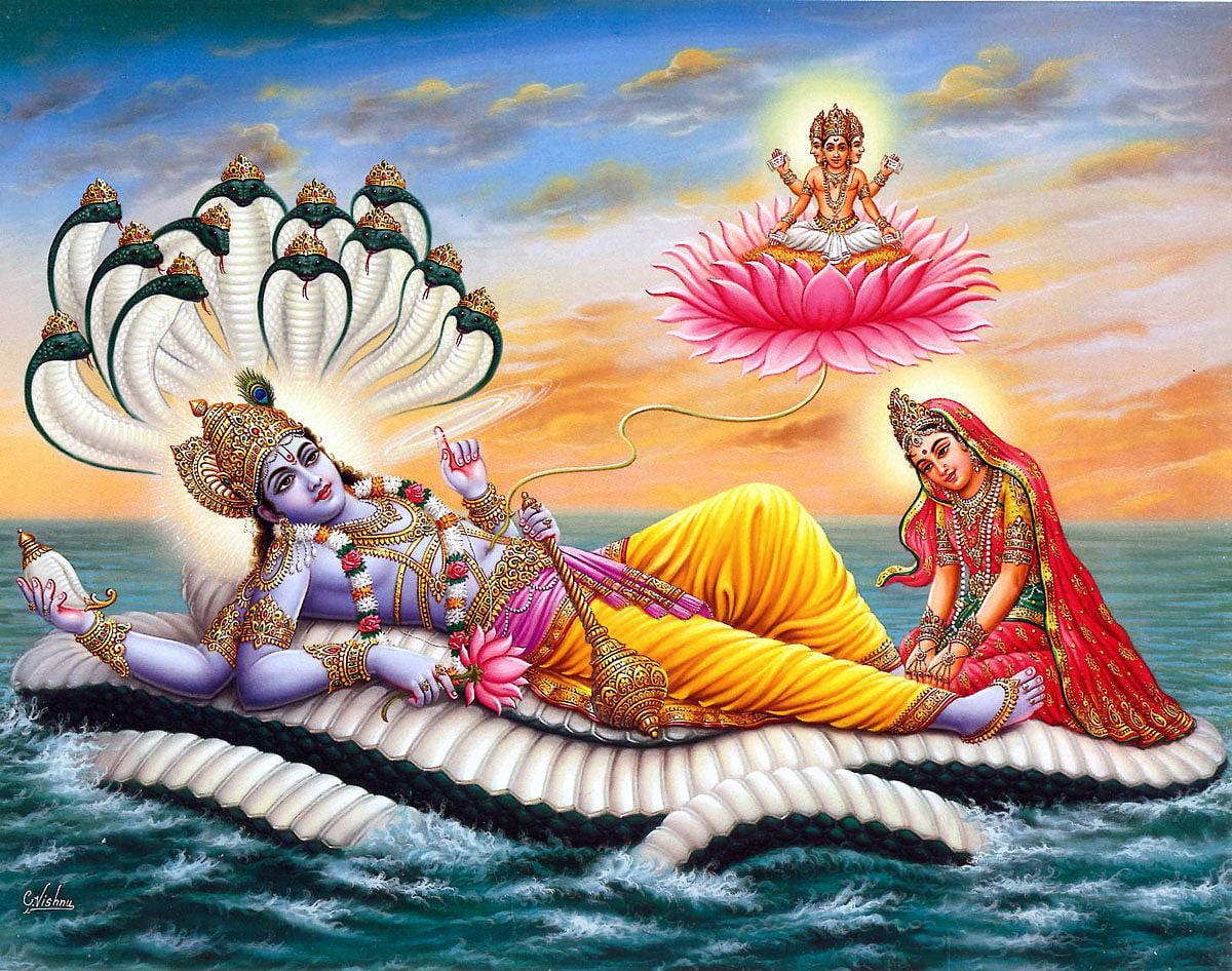Lord Vishnu, serpent bed, ocean waves, SD Desktop Wallpaper