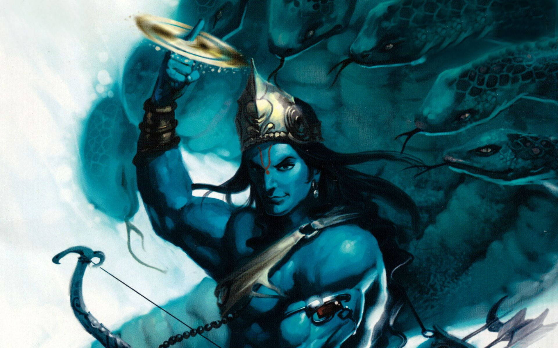 Lord Vishnu, teal aesthetic, blue-skinned, Full HD Desktop Wallpaper