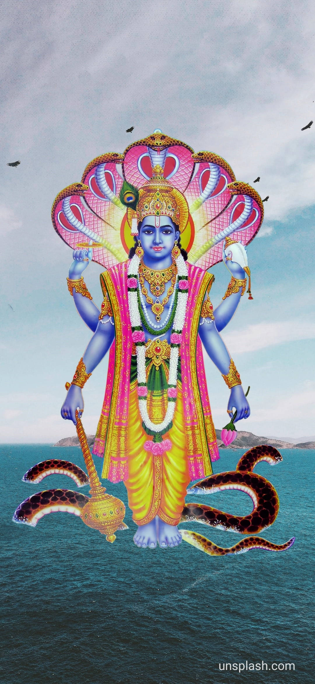 Lord Vishnu, blue-skinned, multiple arms, Full HD Phone Wallpaper