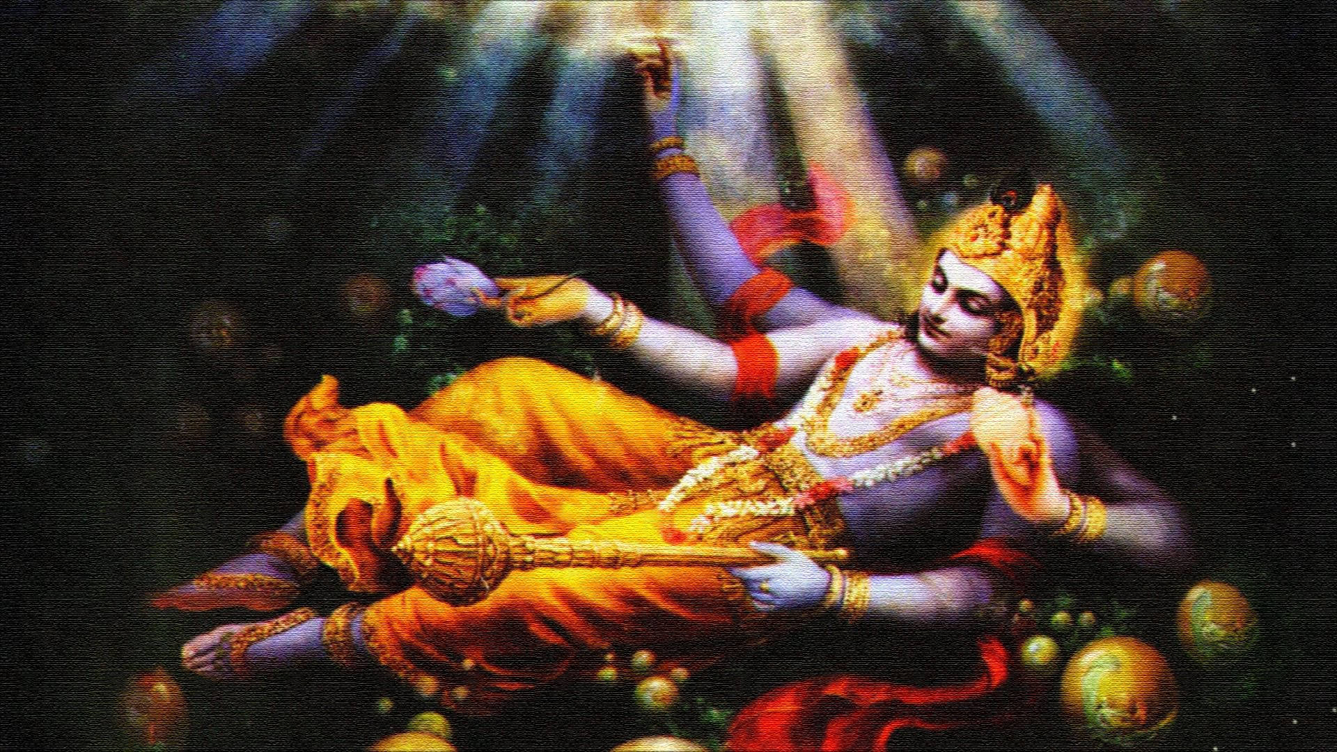 Lord Vishnu, cosmic bed, golden orbs, Full HD Desktop Wallpaper