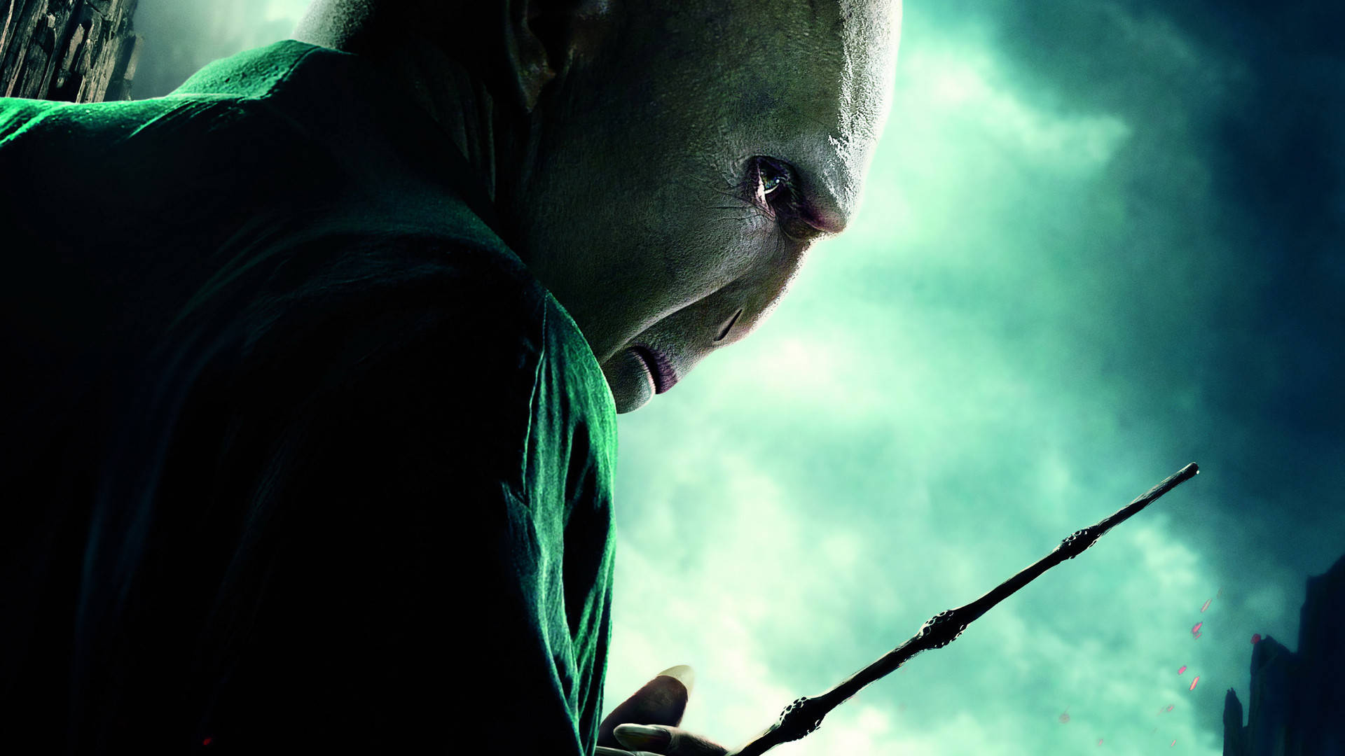 Lord Voldemort, dark green robes, stormy teal sky, Full HD Desktop Wallpaper