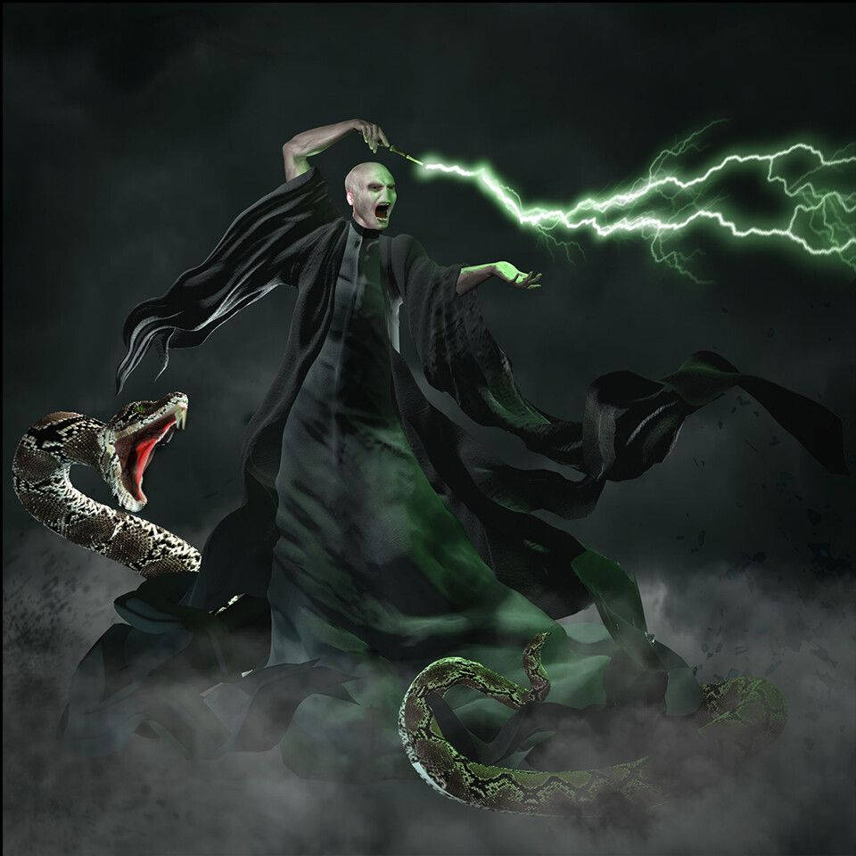Lord Voldemort, green lightning spell, flowing black robe, SD Desktop Wallpaper