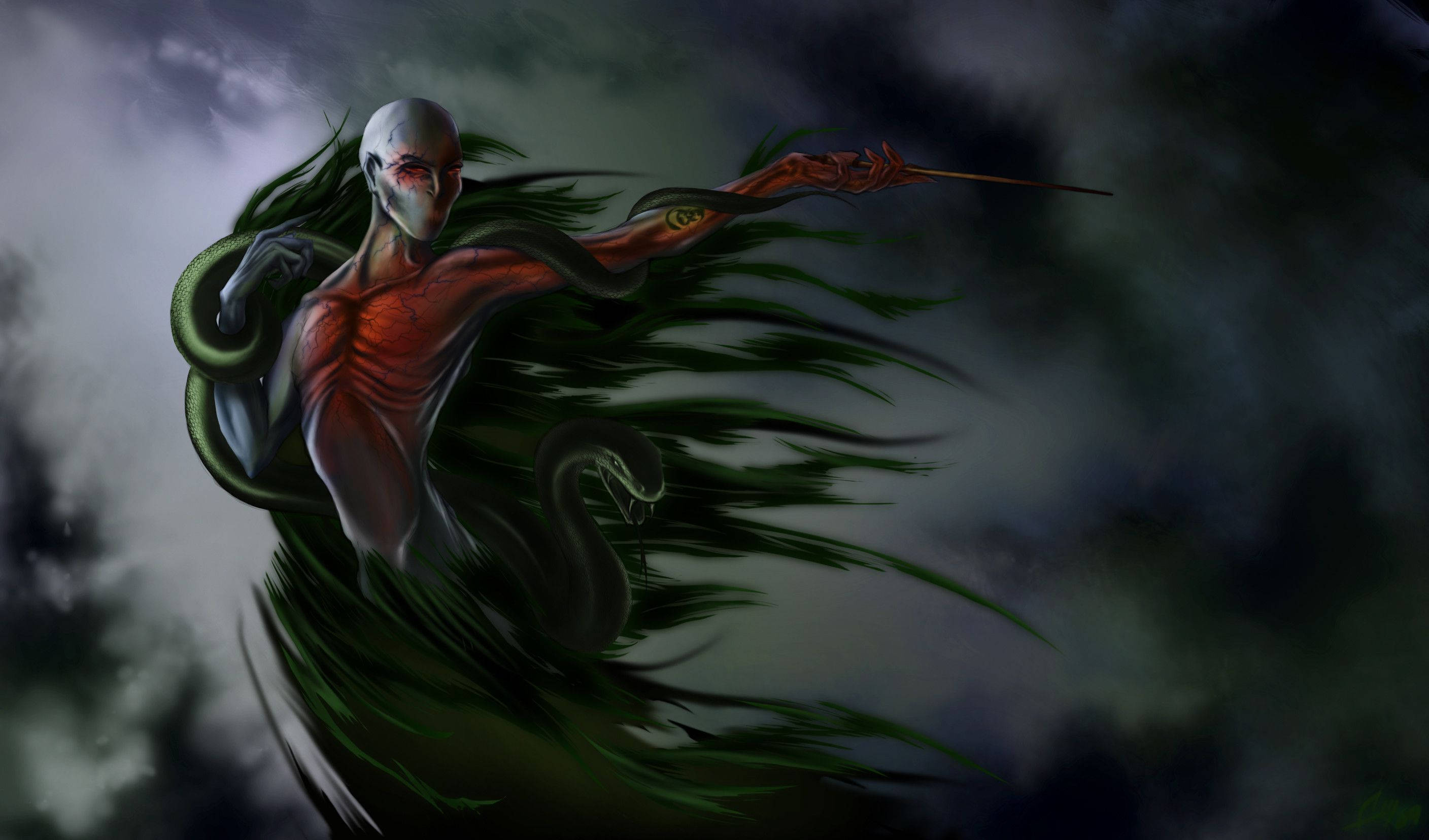 Lord Voldemort, snake art, glowing red eyes, 2K Desktop Wallpaper