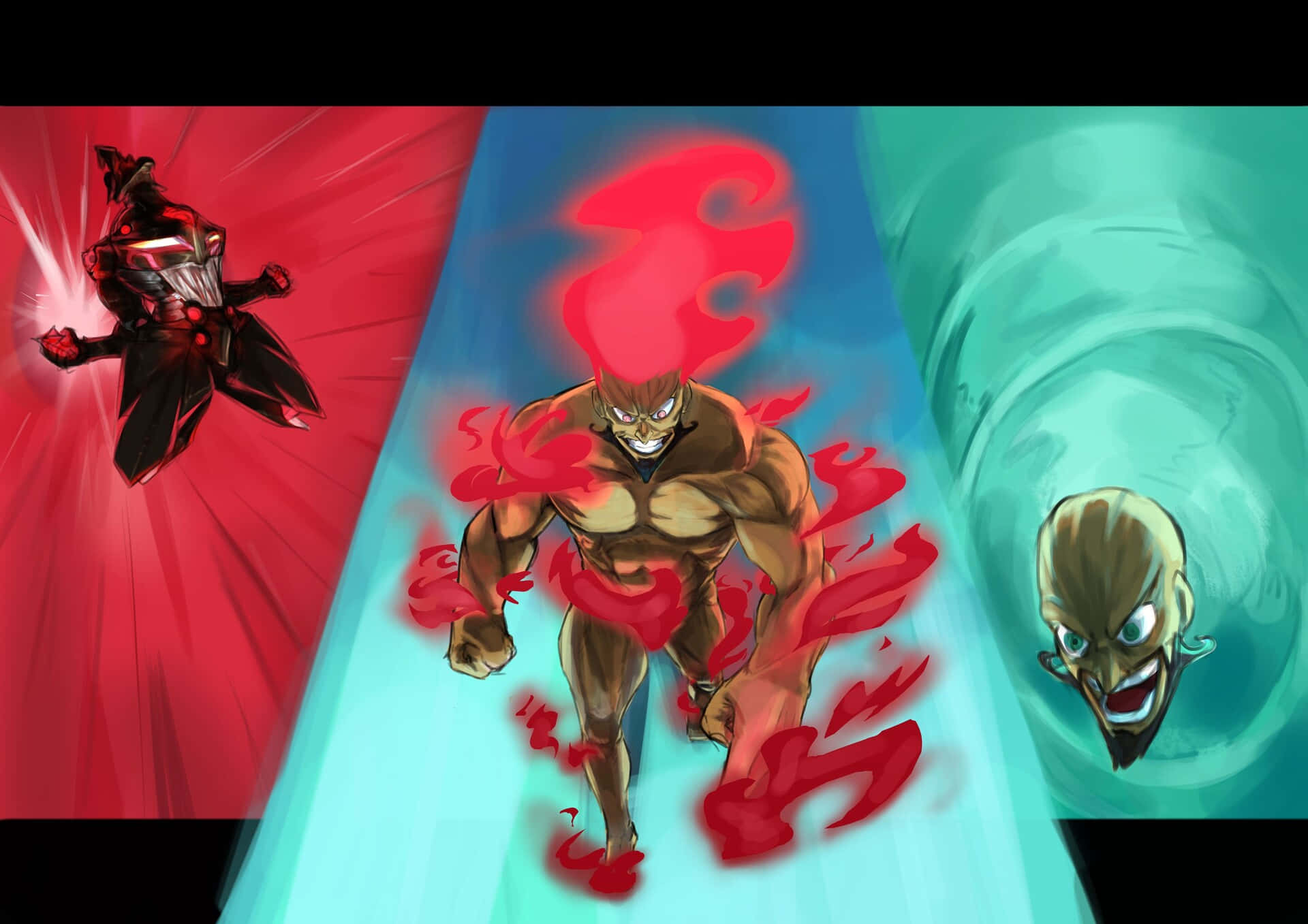 Lordgenome, anime-style fighters, vibrant red blue and teal backgrounds, Full HD Desktop Wallpaper