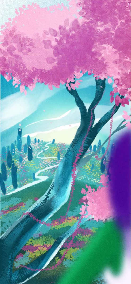 Lore Olympus Webtoon, blossoming pink cherry tree, winding path, SD Phone Wallpaper