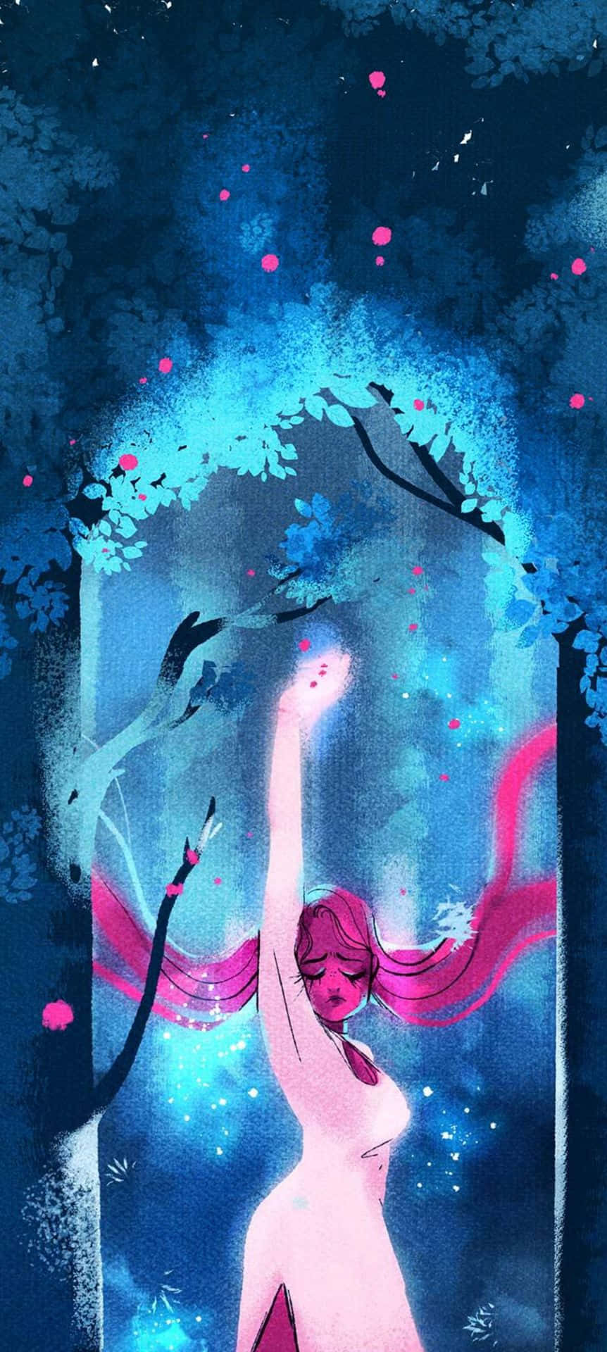 Lore Olympus Webtoon, pink-haired figure, glowing blue forest archway, Full HD Phone Wallpaper