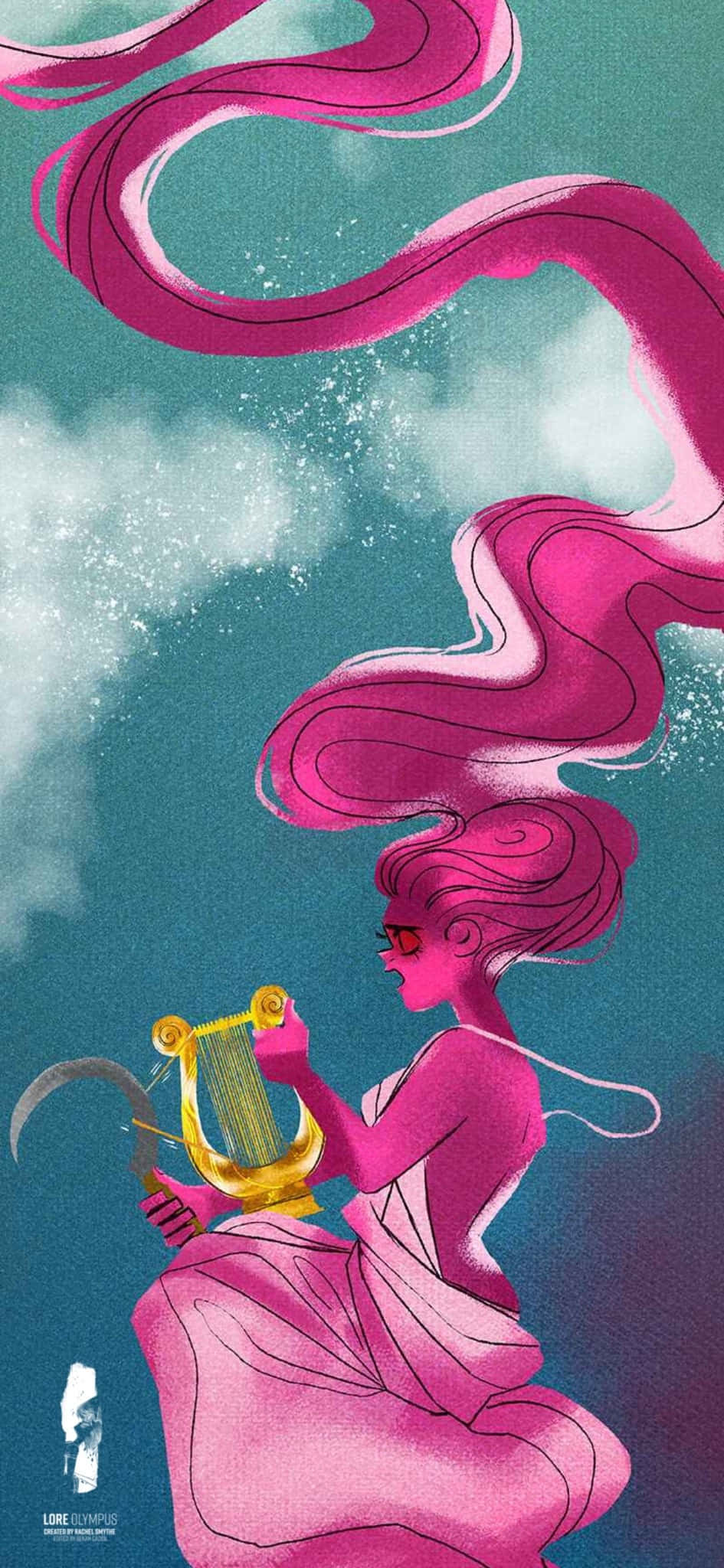 Lore Olympus Webtoon, pink-haired muse, golden lyre, Full HD Phone Wallpaper