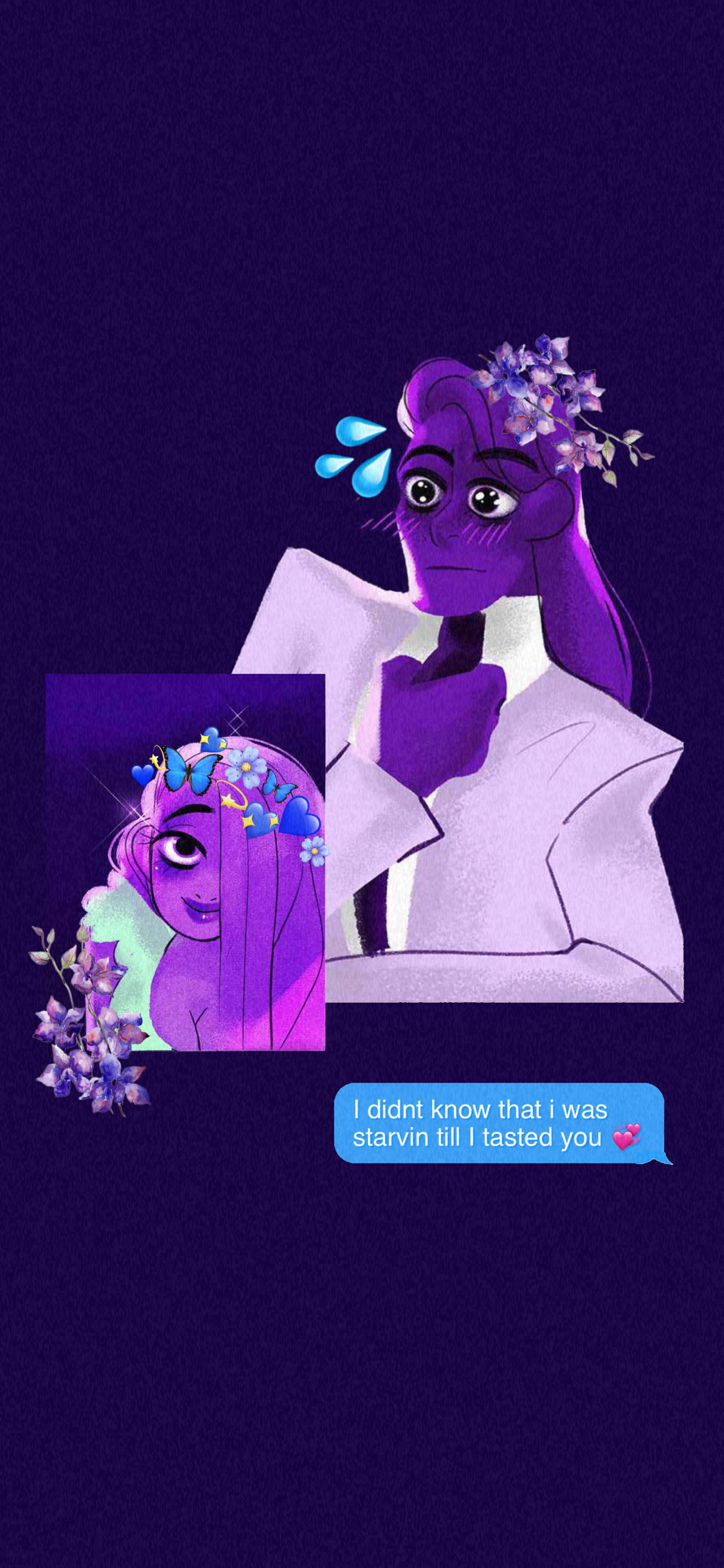 Lore Olympus Webtoon, purple-skinned anime character, floral hair accessories, 4K Phone Wallpaper