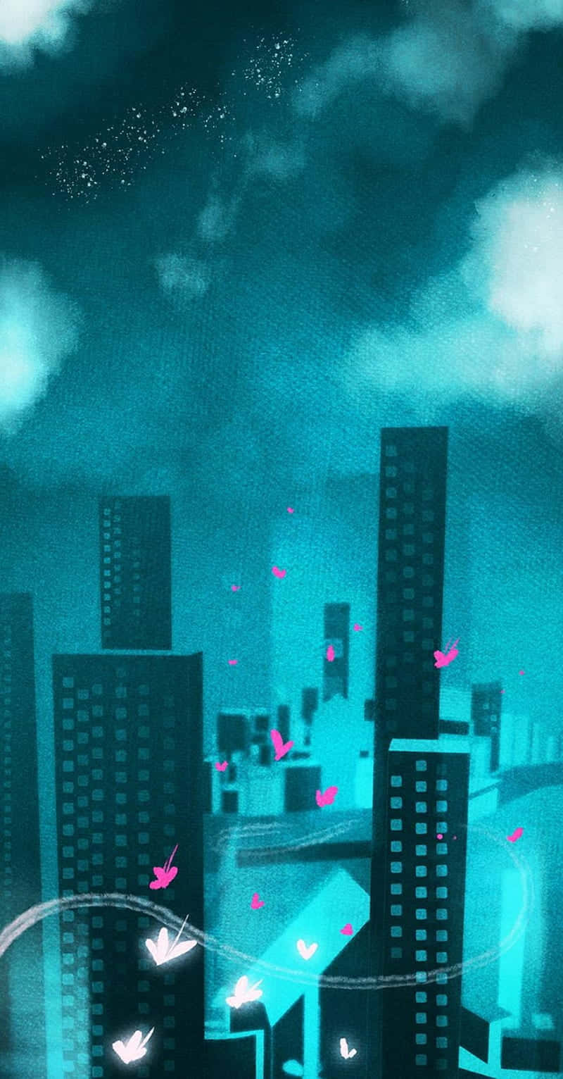Lore Olympus Webtoon, teal-toned cityscape, glowing pink butterflies, HD Phone Wallpaper