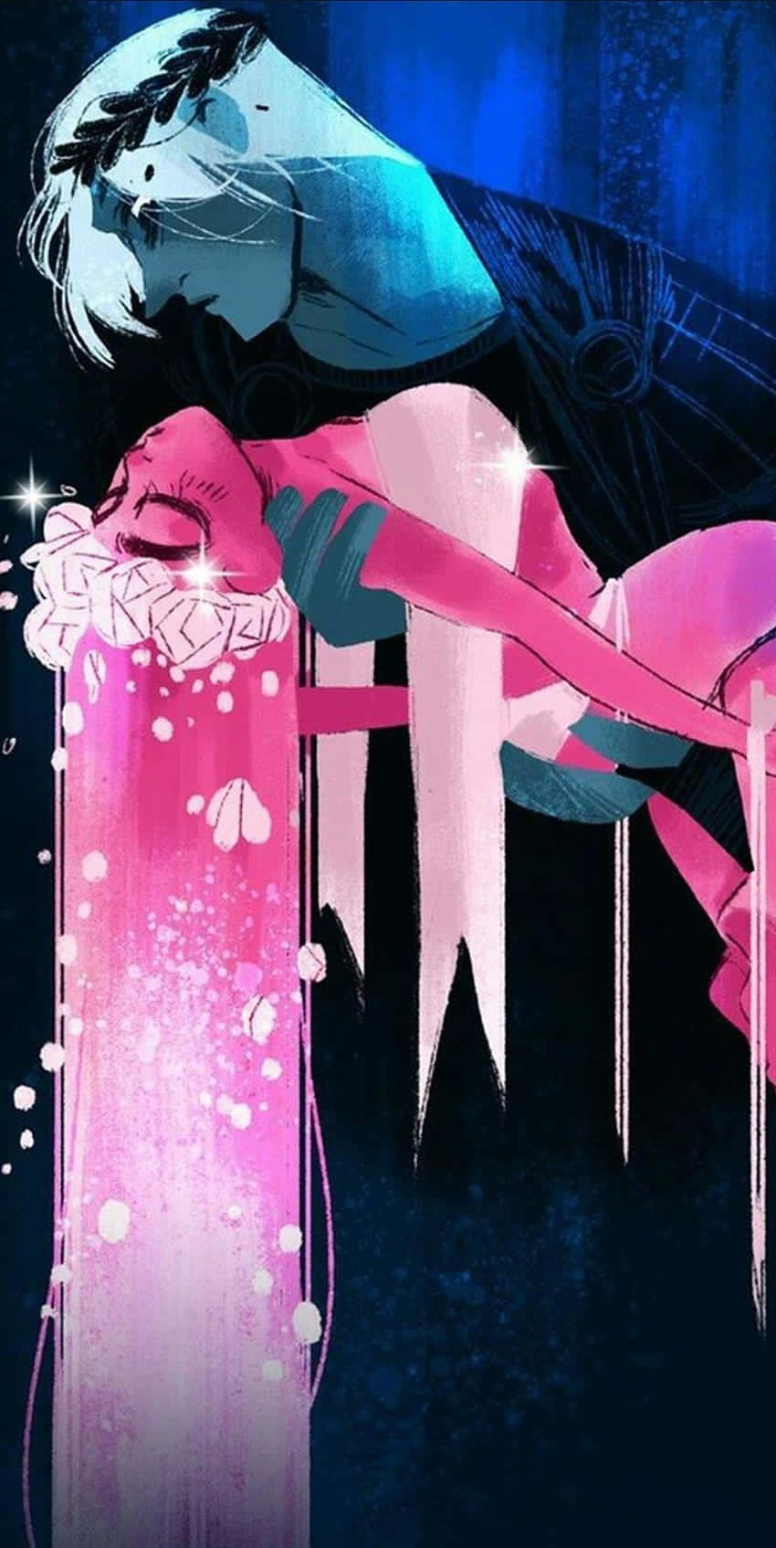 Lore Olympus Webtoon, blue-haired anime figure, glowing pink crystalline form, HD Phone Wallpaper