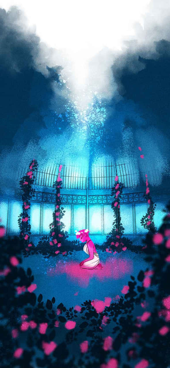 Lore Olympus Webtoon, pink-haired figure, glowing blue garden, HD Phone Wallpaper