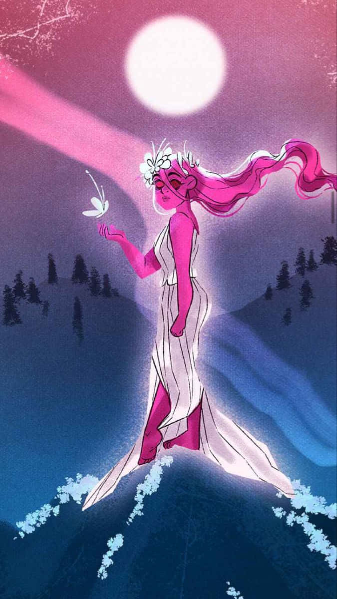 Lore Olympus Webtoon, pink-haired goddess, flowing white gown, SD Phone Wallpaper