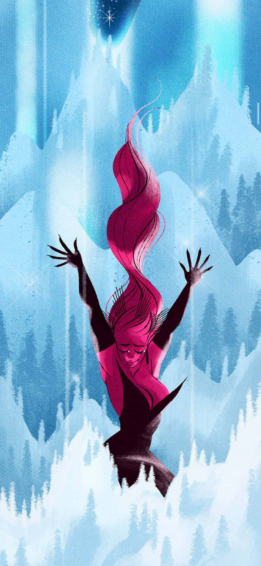 Lore Olympus Webtoon, pink-haired figure, glowing blue icy forest, Full HD Phone Wallpaper