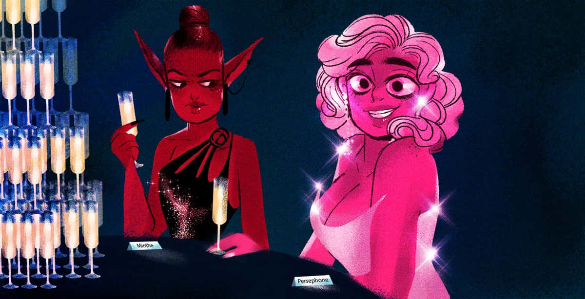 Lore Olympus Webtoon, glowing pink and red tones, towering pyramid of flutes, SD Desktop Wallpaper