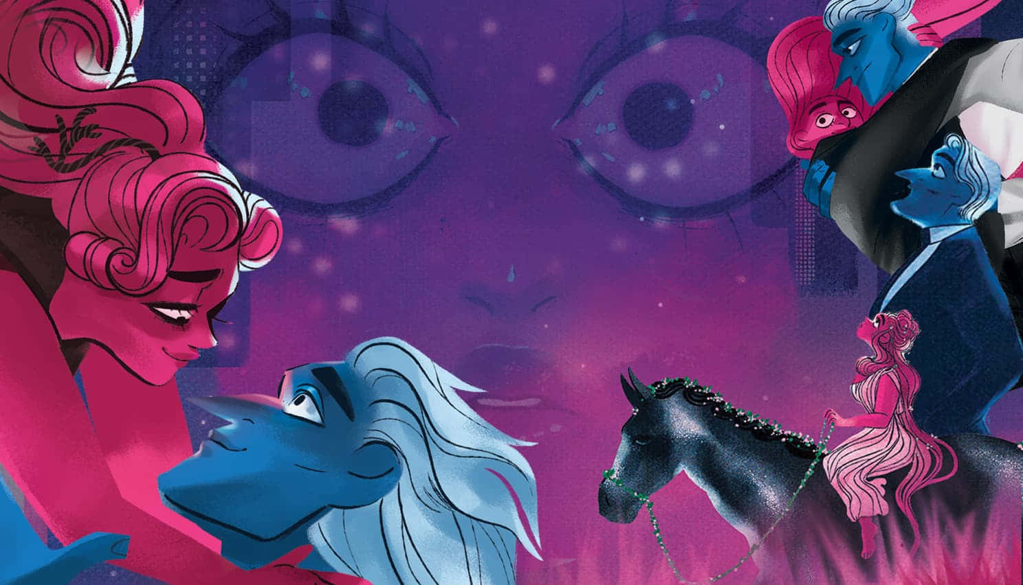 Lore Olympus Webtoon, anime-style characters, pink and blue hues, HD Desktop Wallpaper