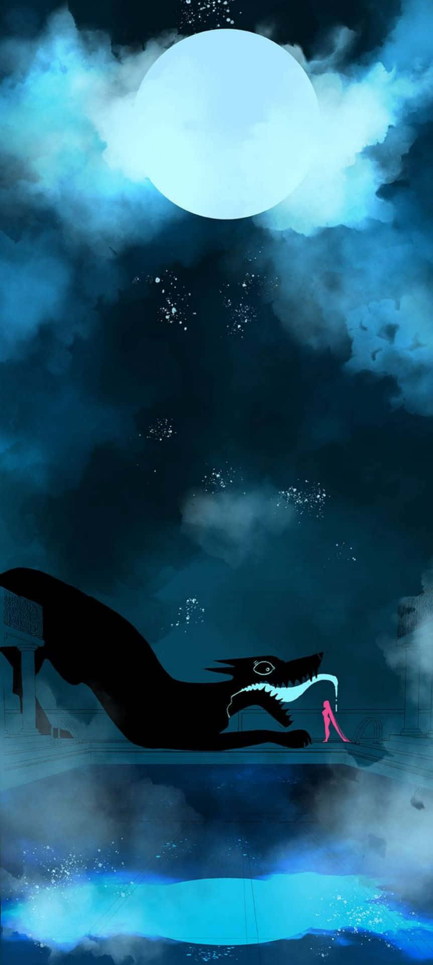 Lore Olympus Webtoon, pink, giant black wolf silhouette, Full HD Phone Wallpaper