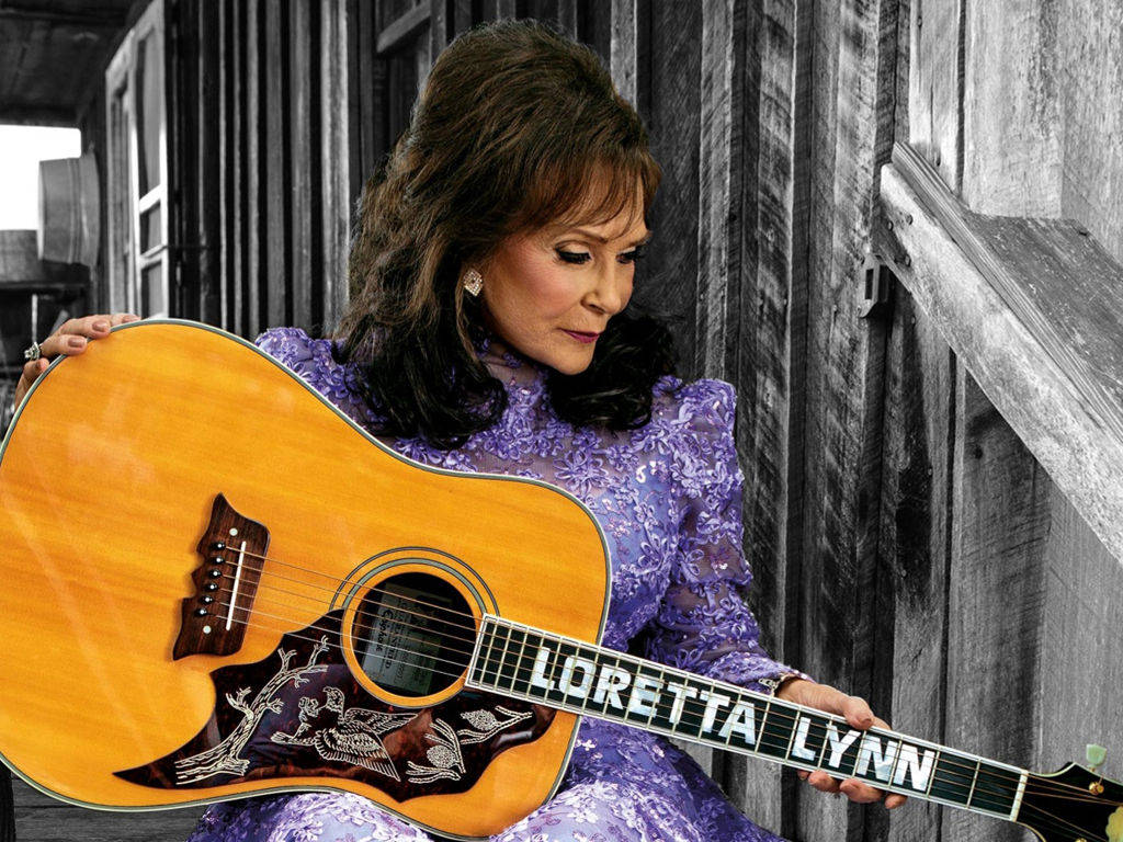 Loretta Lynn, purple lace dress, acoustic guitar, SD Desktop Wallpaper