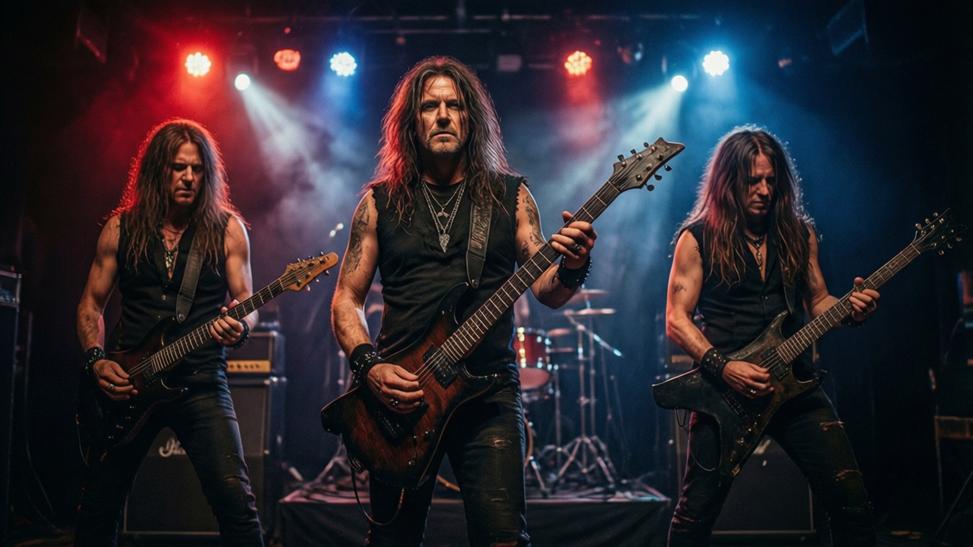 Lorna Shore, red and blue stage lights, electric guitars, Full HD Desktop Wallpaper
