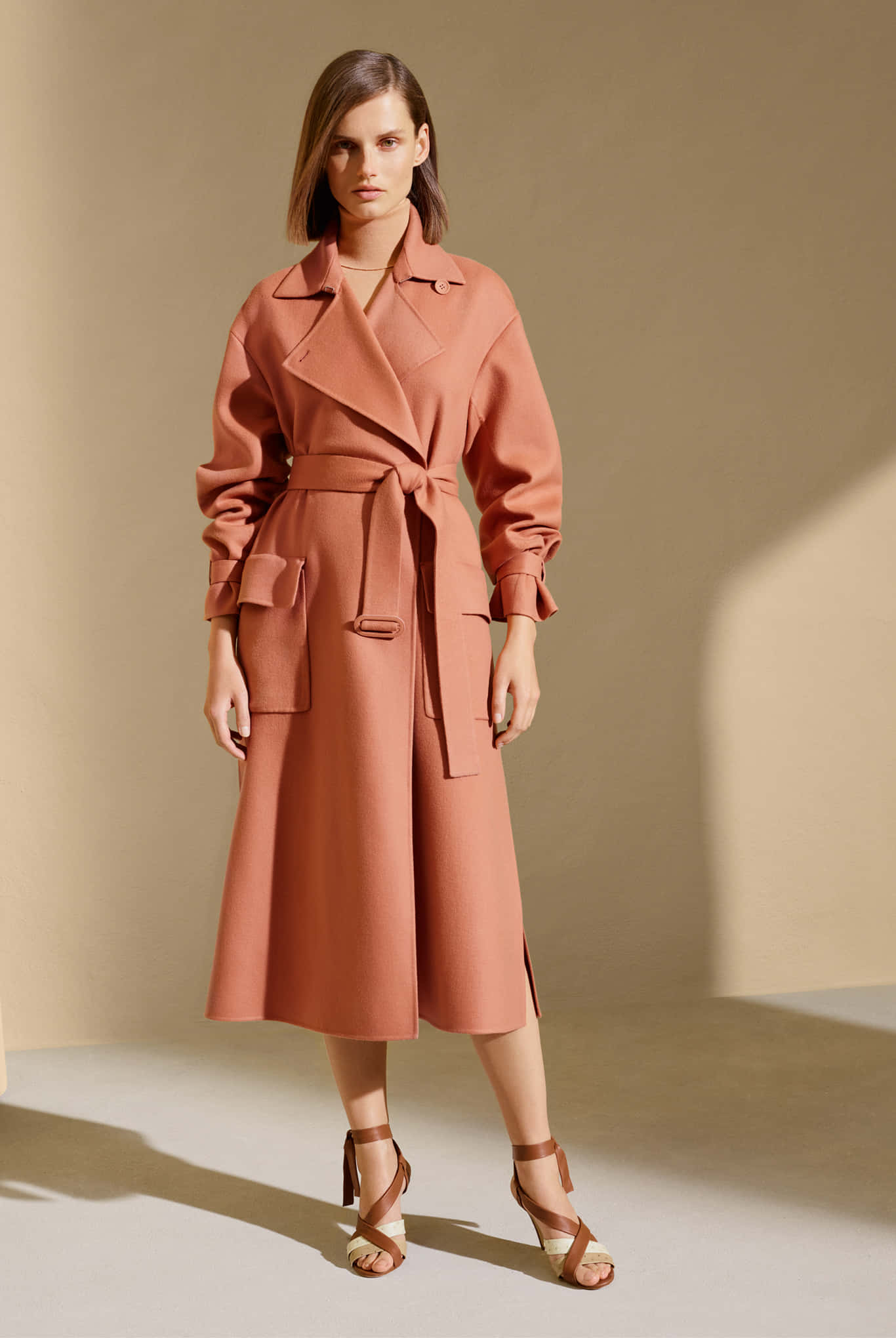 Loro Piana, spring 2020, rust-colored belted trench coat, Full HD Phone Wallpaper