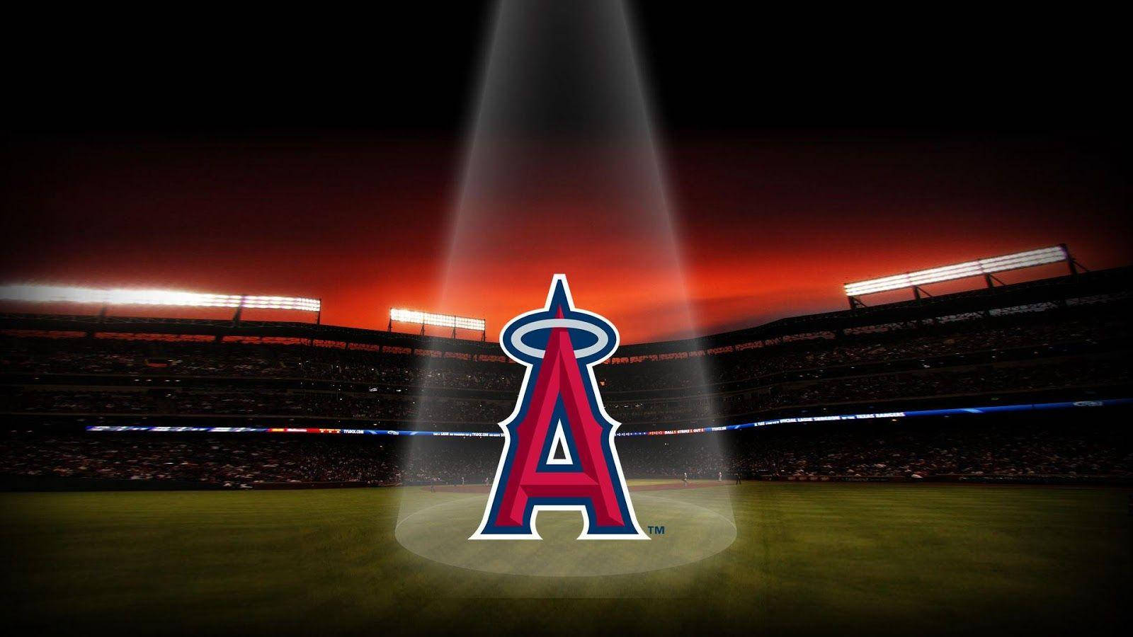 Los Angeles Angels logo, baseball field, dusk, HD Desktop Wallpaper