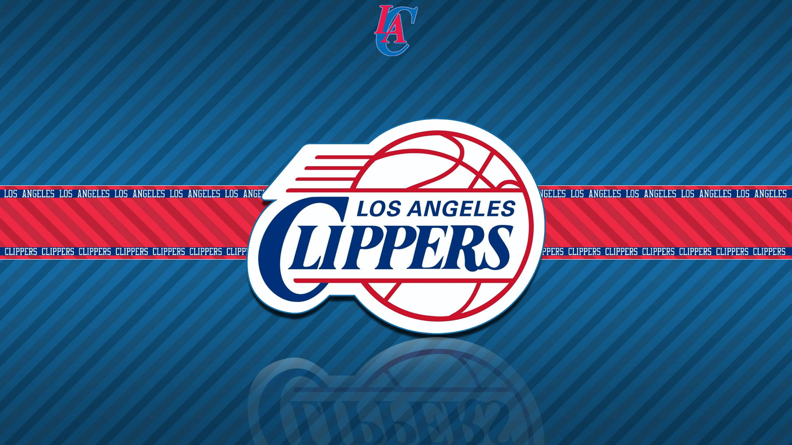 Los Angeles Clippers, blue diagonal striped background, red repeating text bands, 2K Desktop Wallpaper