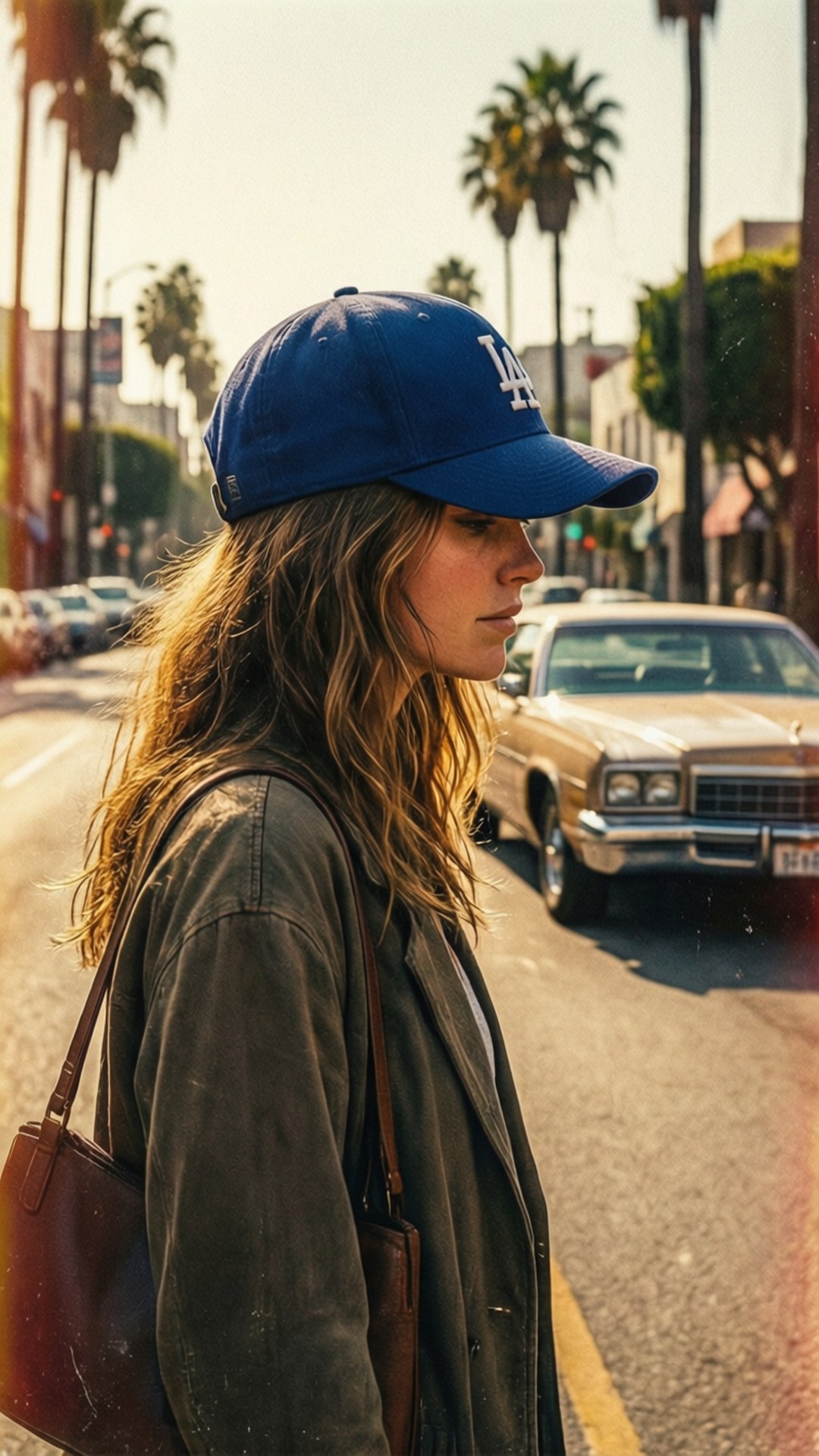 LA cap, Los Angeles Dodgers, palm tree-lined street, Full HD Phone Wallpaper