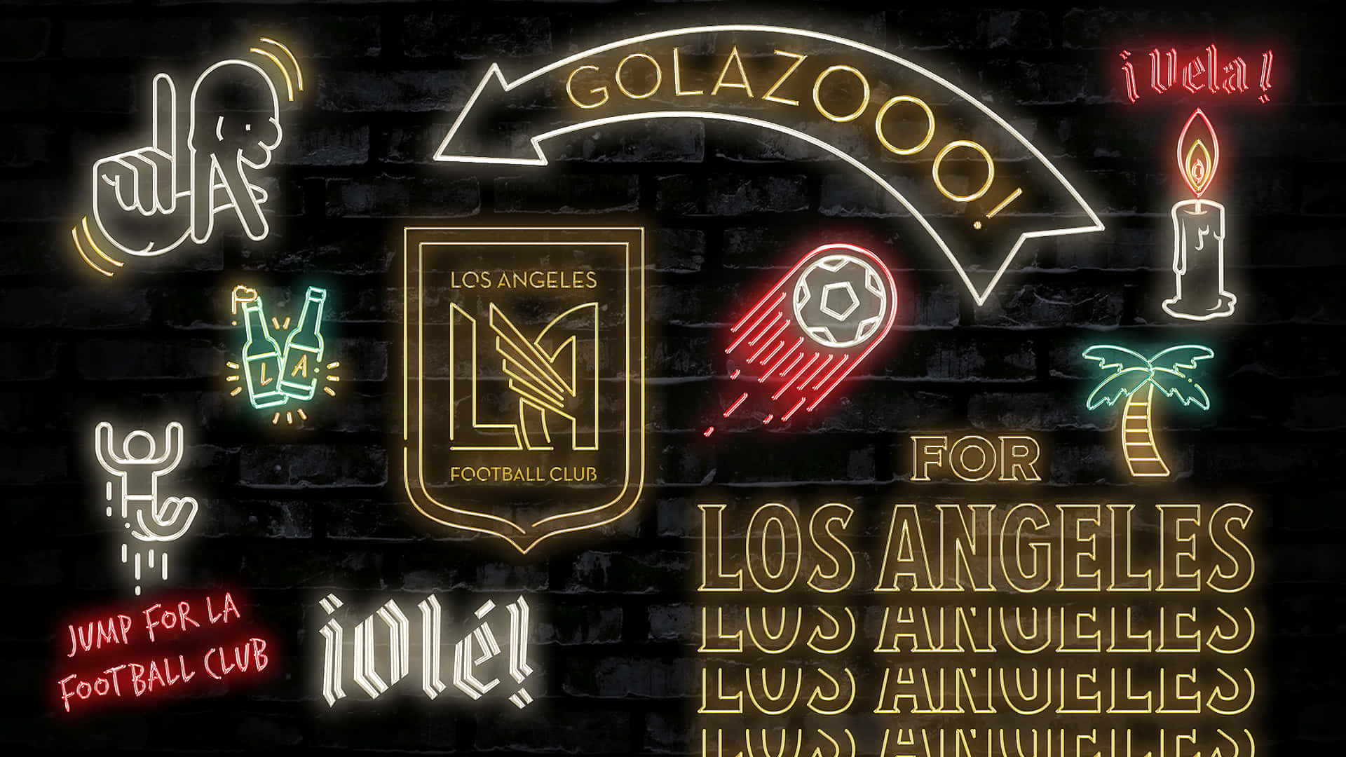 Los Angeles FC, neon signages, dark brick wall, Full HD Desktop Wallpaper