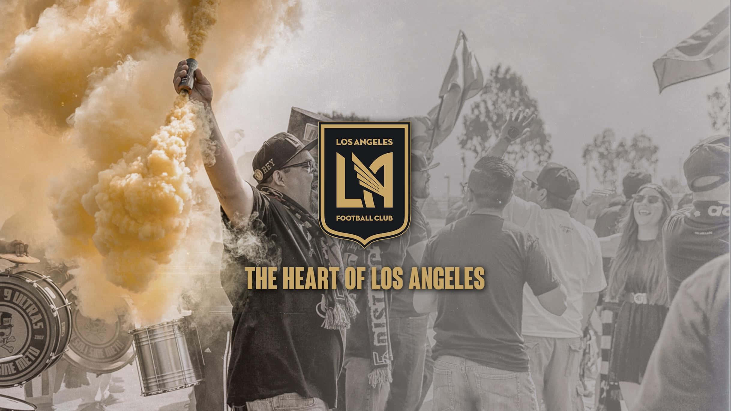 Los Angeles FC, golden smoke flare, stadium rally, Full HD Desktop Wallpaper