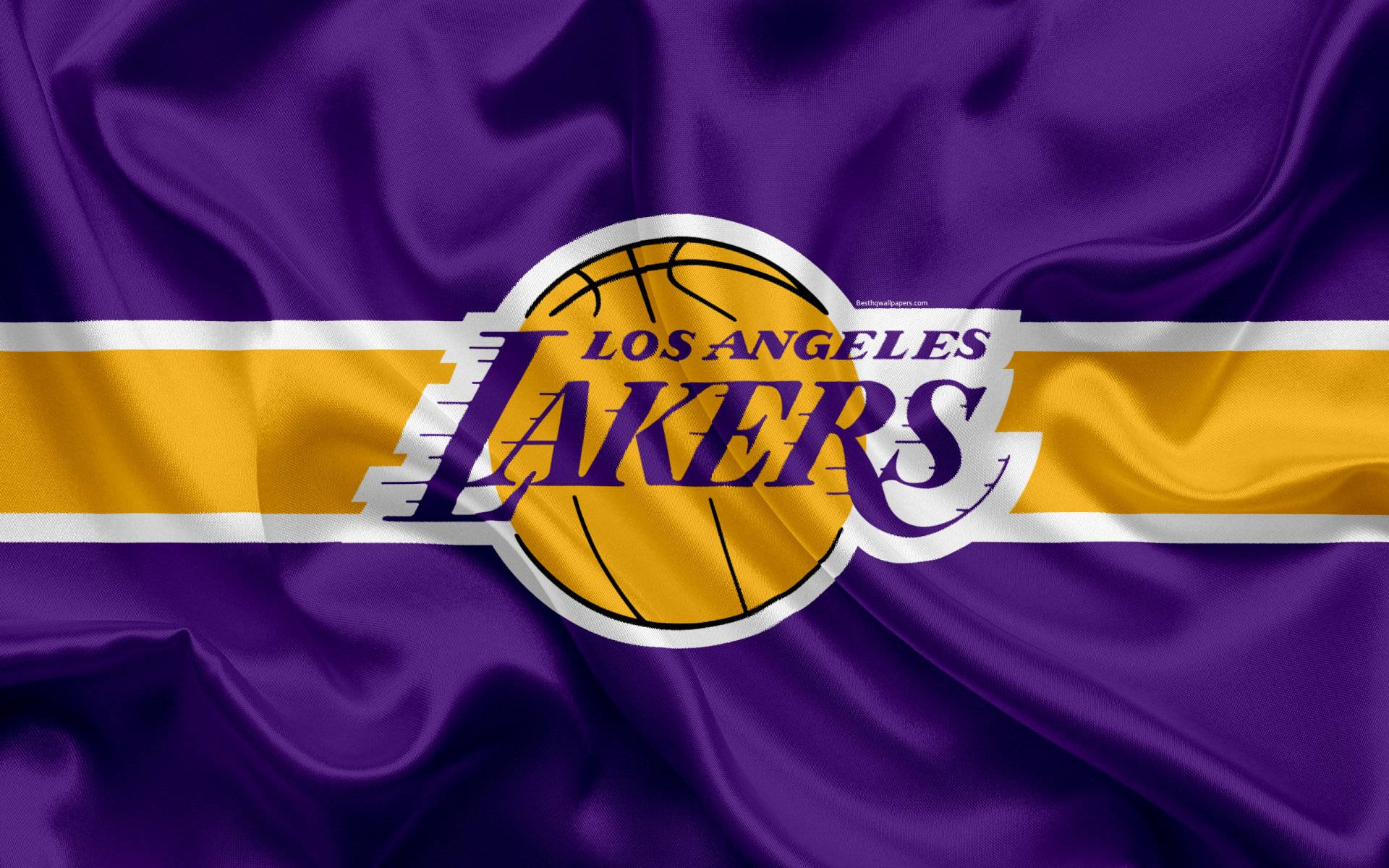 Los Angeles Lakers, purple satin flag, yellow and white stripe, Full HD Desktop Wallpaper