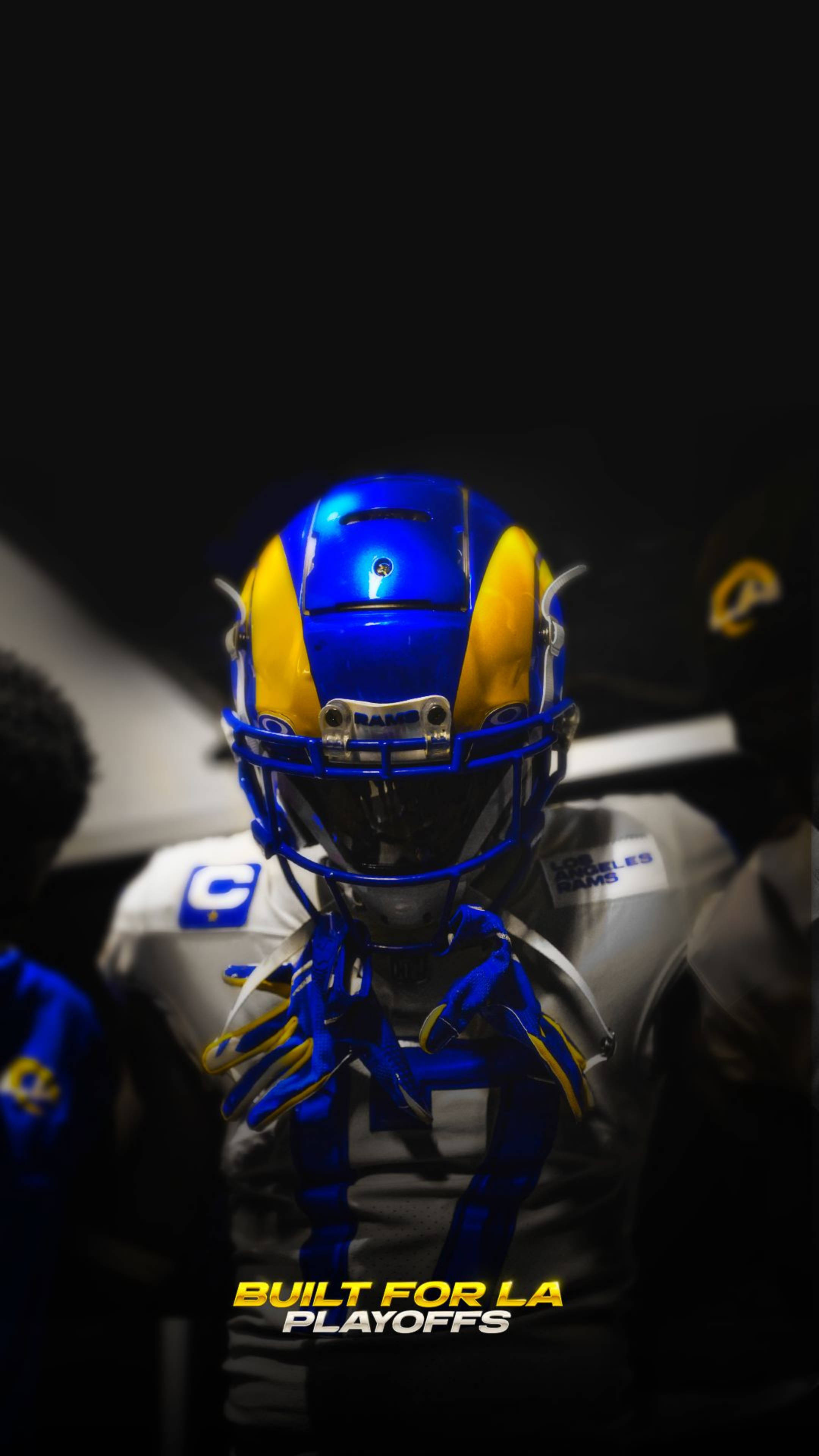 Los Angeles Rams, blue and gold helmet, intense lighting, 4K Phone Wallpaper