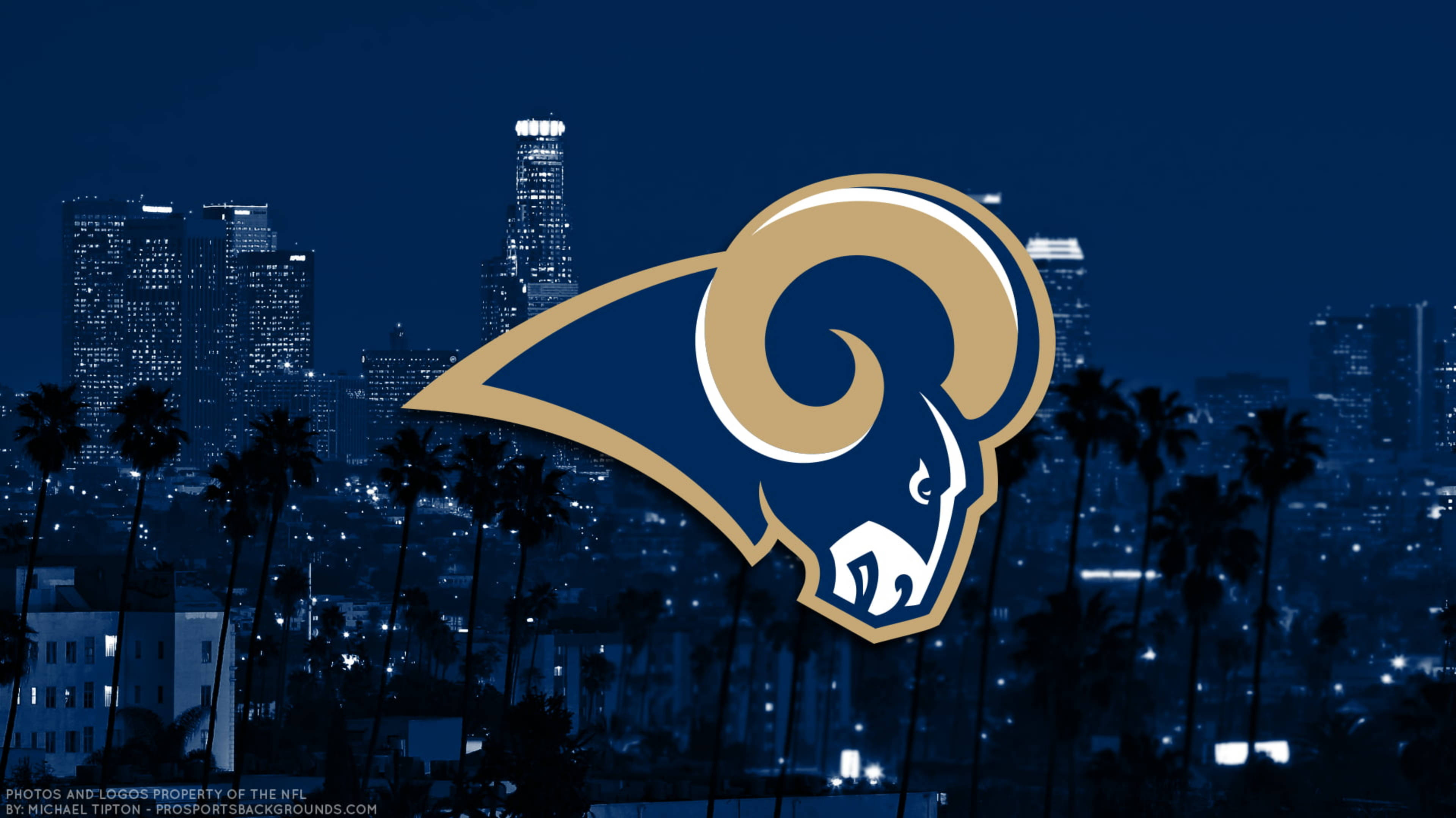 Los Angeles Rams, nighttime cityscape, palm trees, 4K Desktop Wallpaper