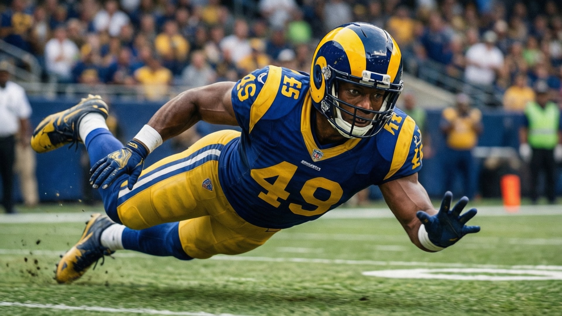 Los Angeles Rams, blue and gold uniform, green field, Full HD Desktop Wallpaper