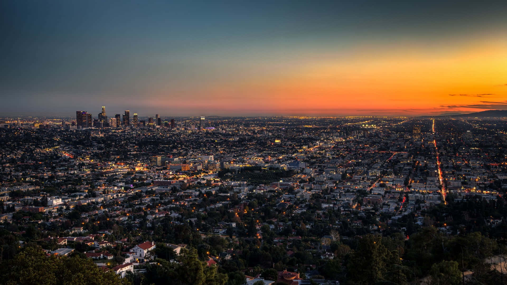 Los Angeles Skyline, twilight, sunset, Full HD Desktop Wallpaper