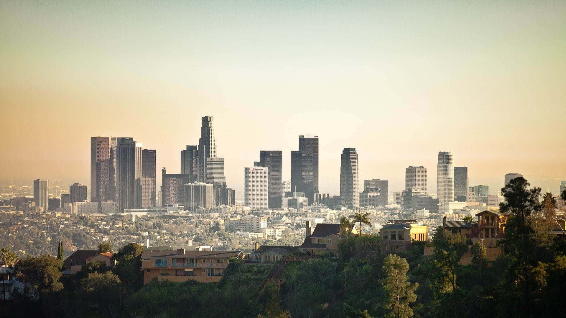 Los Angeles skyline, Sunset, palm trees, Full HD Desktop Wallpaper