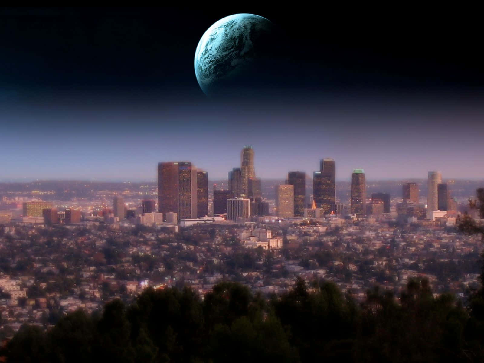 Los Angeles Skyline, moon, twilight, HD Desktop Wallpaper