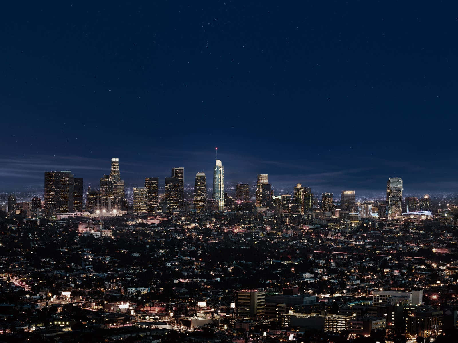Los Angeles Skyline, starry dark blue sky, glowing skyscrapers, HD Desktop Wallpaper