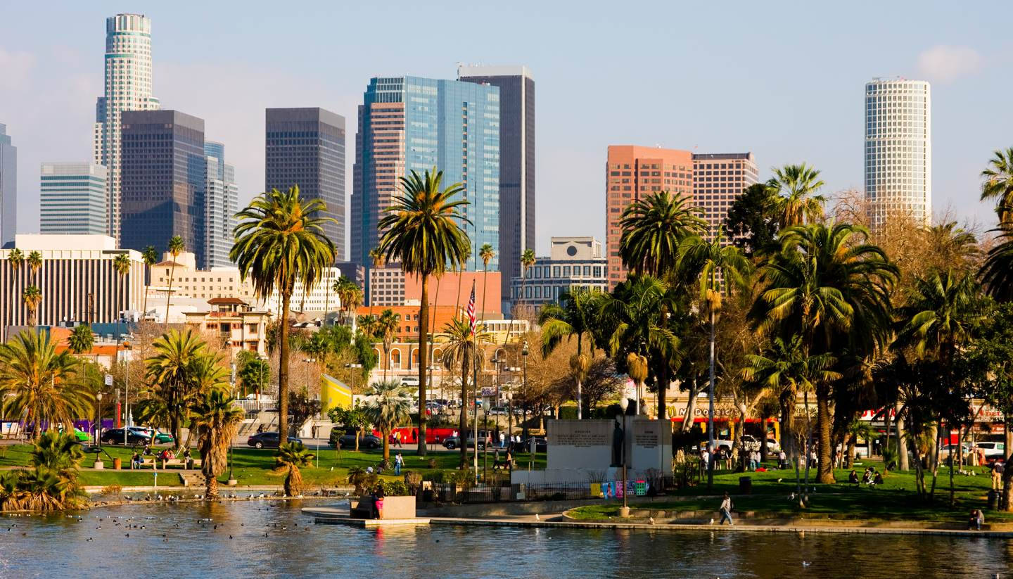 Los Angeles Skyline, palm trees, lake, HD Desktop Wallpaper