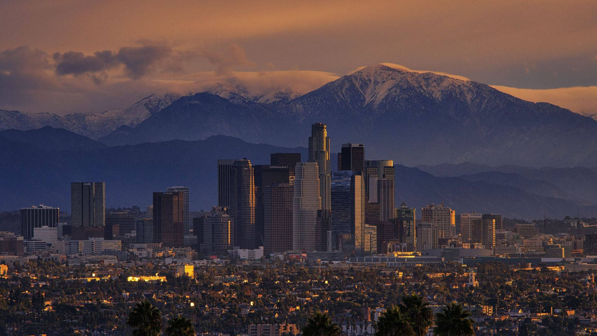 Los Angeles Sunset, mountains, downtown skyscrapers, Full HD Desktop Wallpaper