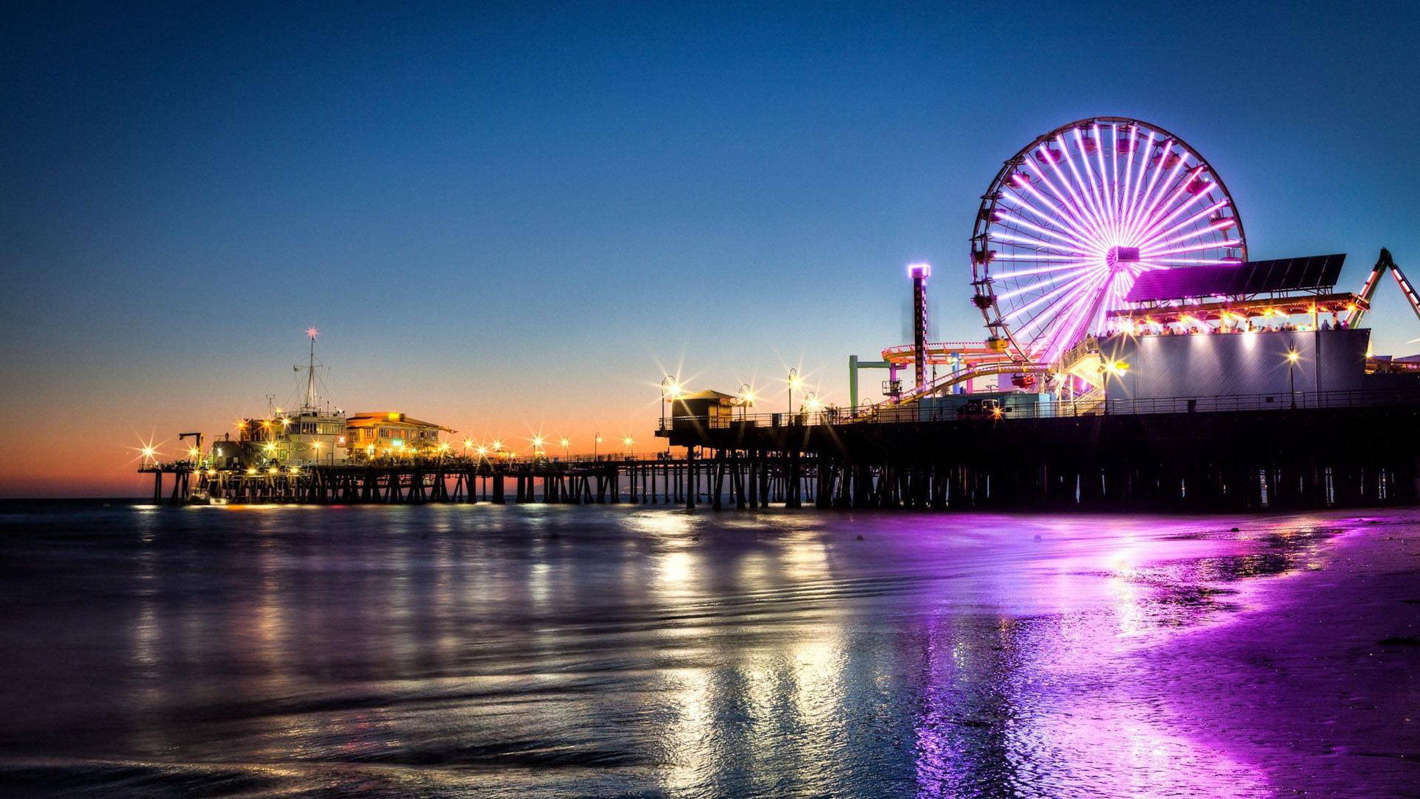 Fishing Pier, Los Angeles Sunset, purple Ferris wheel, Full HD Desktop Wallpaper