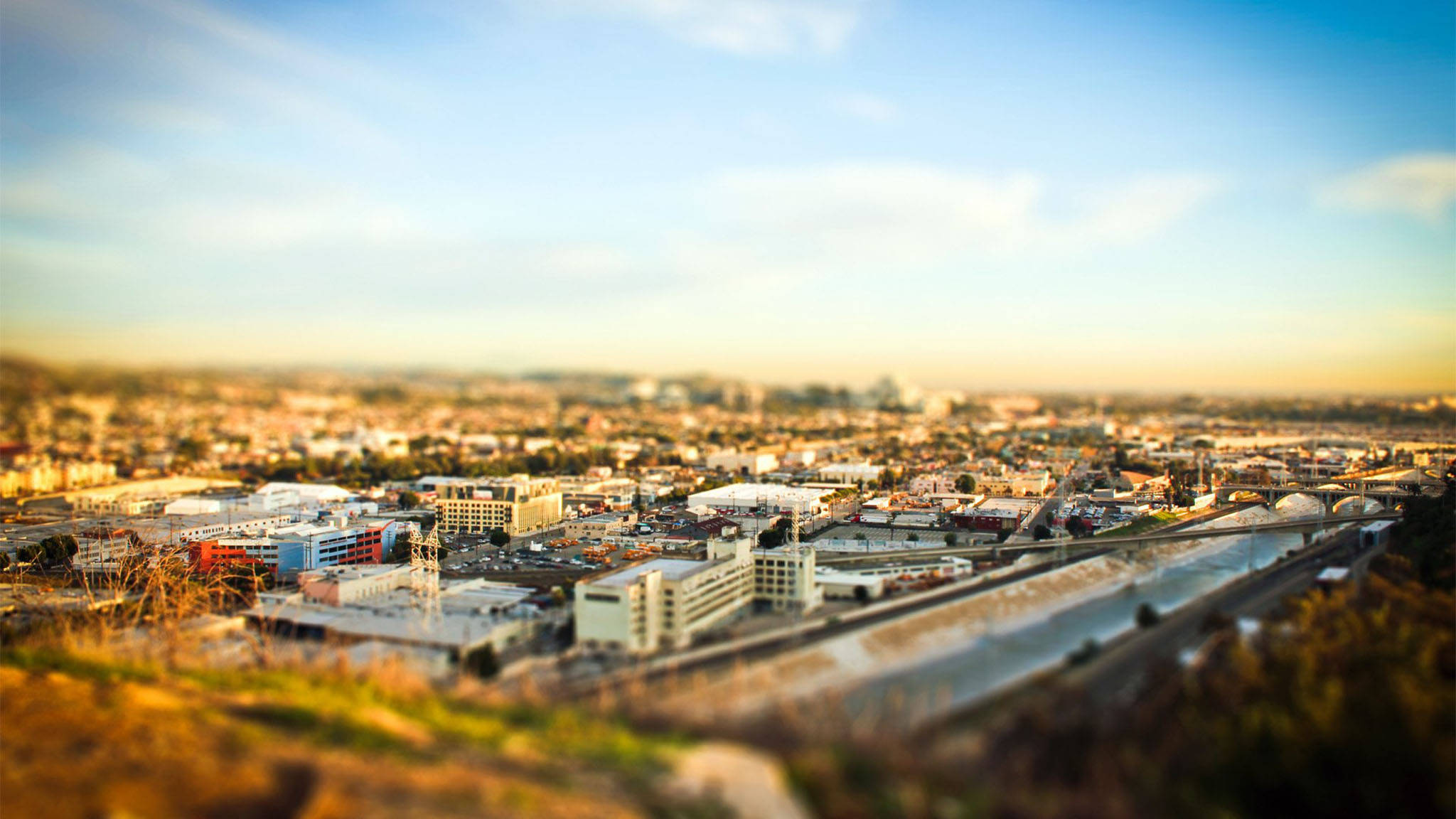 Los Angeles, sunset, tilt-shift, Full HD Desktop Wallpaper