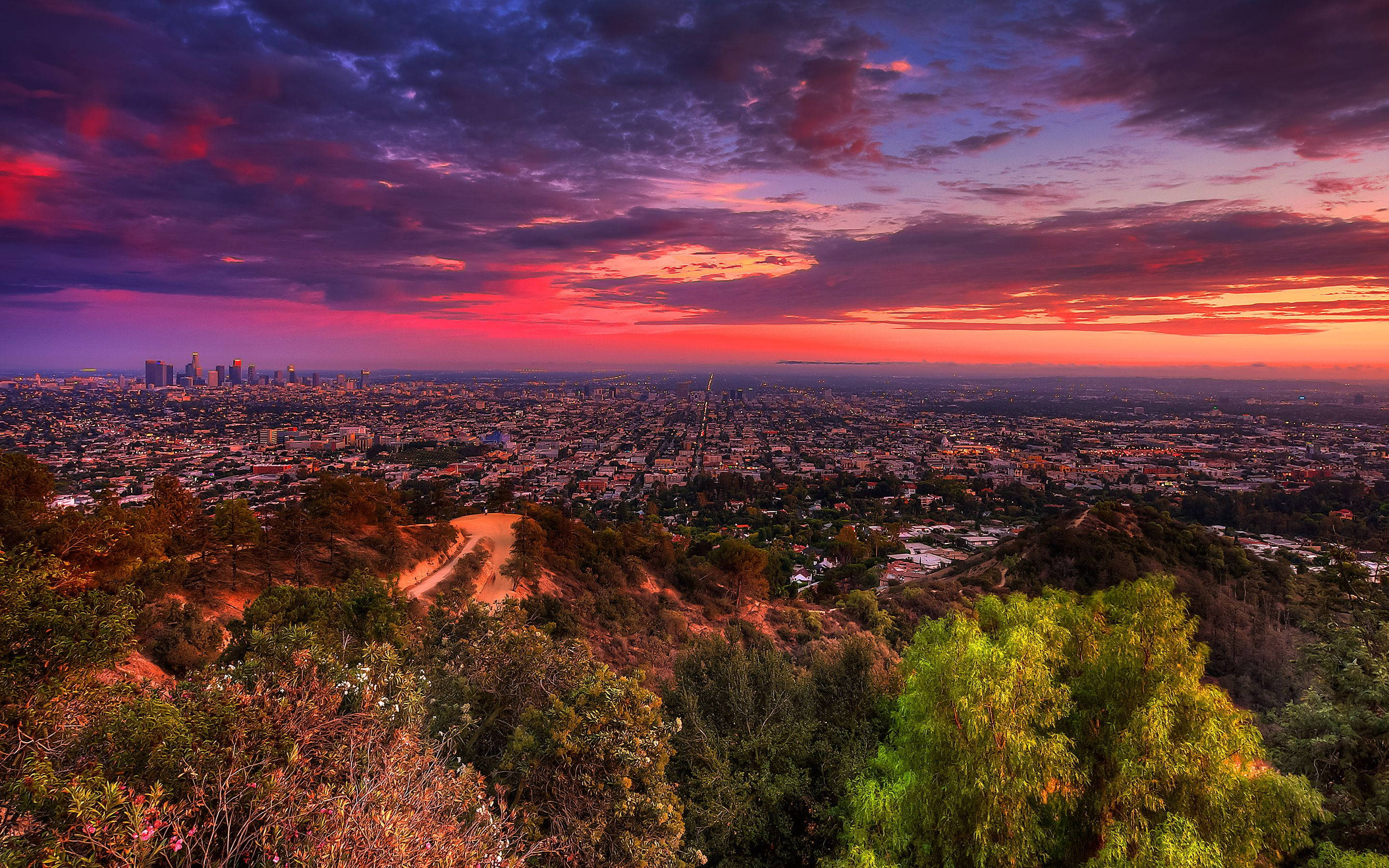 Los Angeles, sunset, fiery red clouds, 2K Desktop Wallpaper