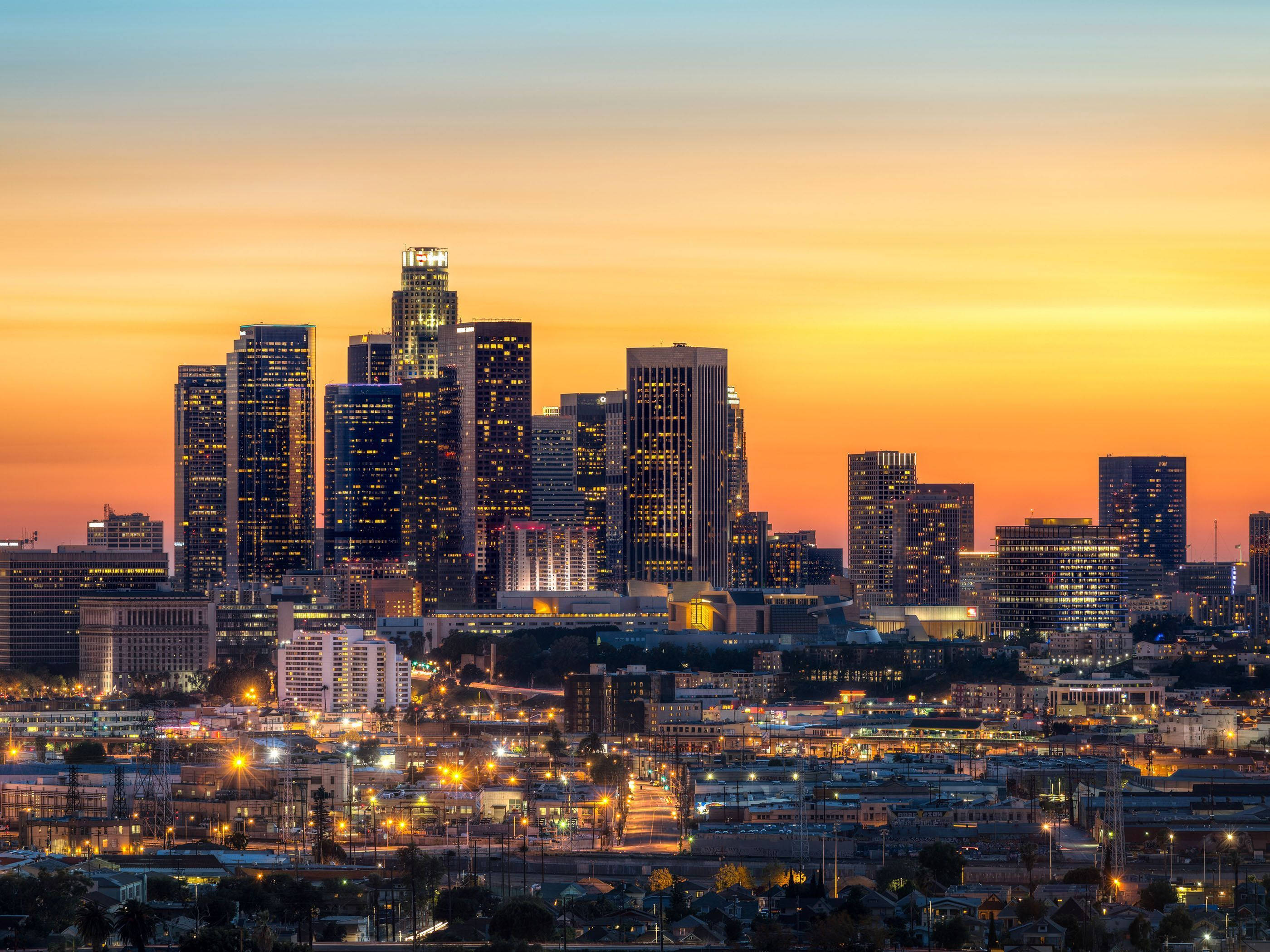 Los Angeles, sunset, skyscrapers, 2K Desktop Wallpaper