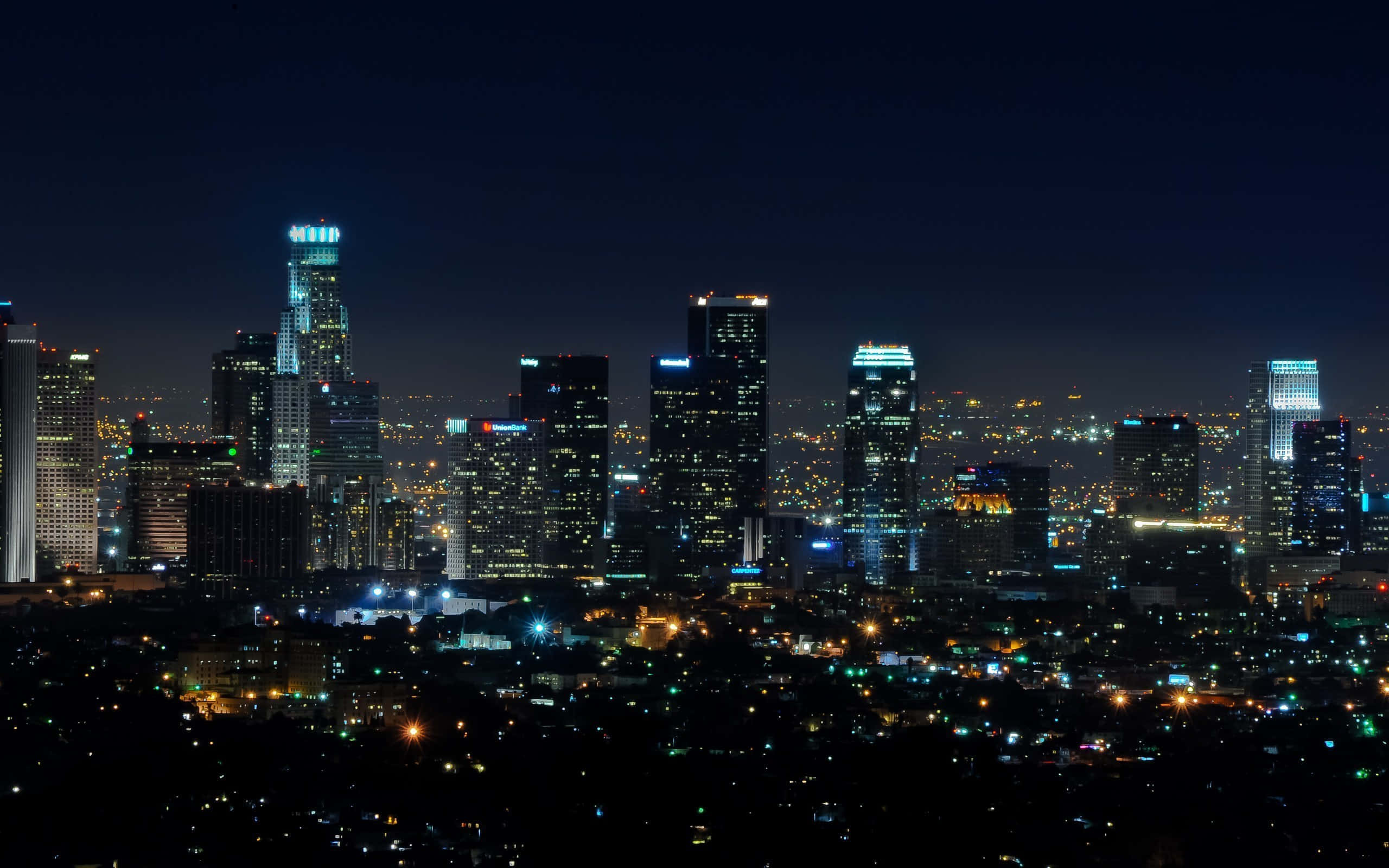 Los Angeles skyline, night view, towering skyscrapers, 2K Desktop Wallpaper