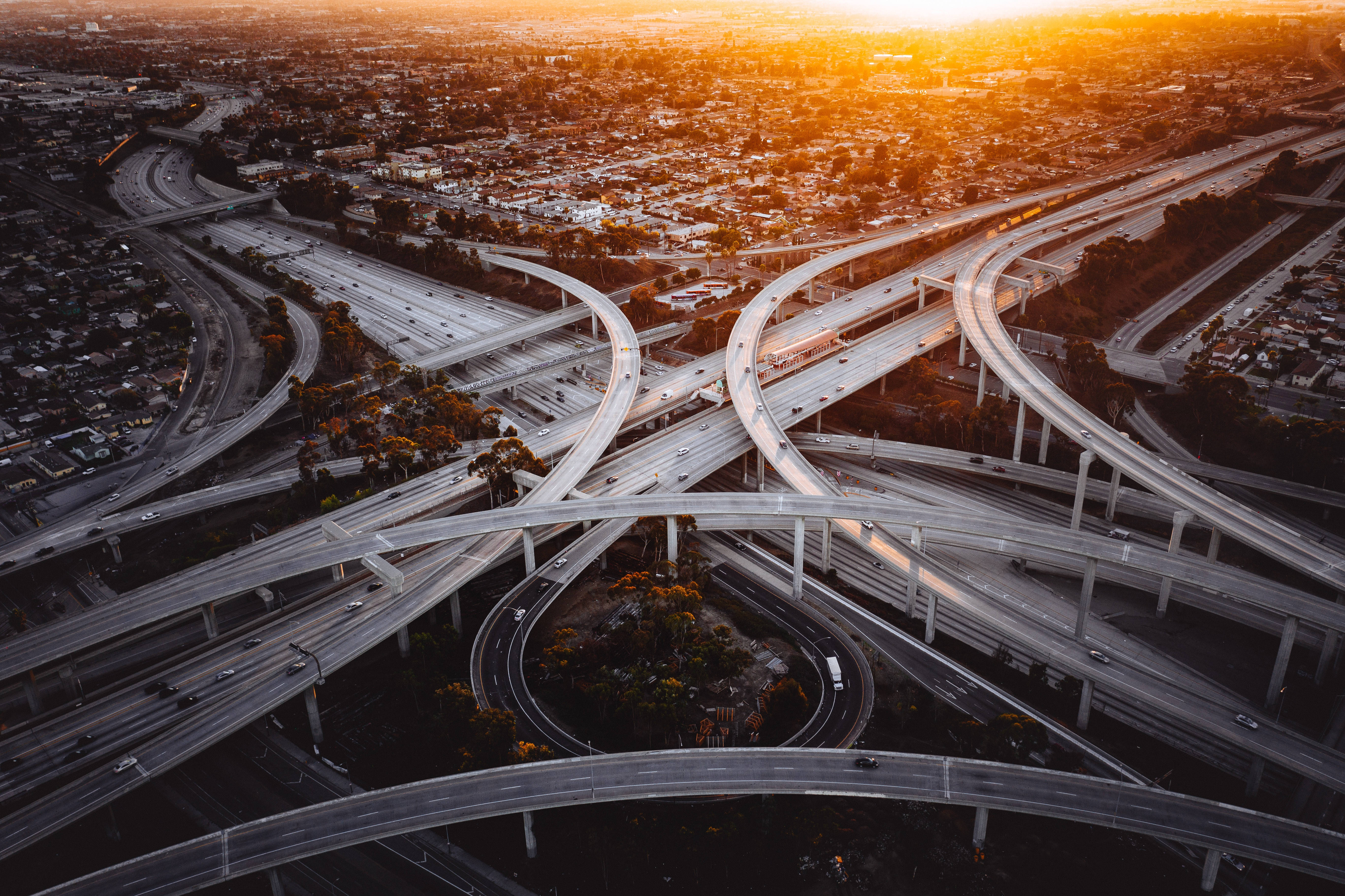 Los Angeles, highway interchange, golden sunset, 5K Desktop Wallpaper