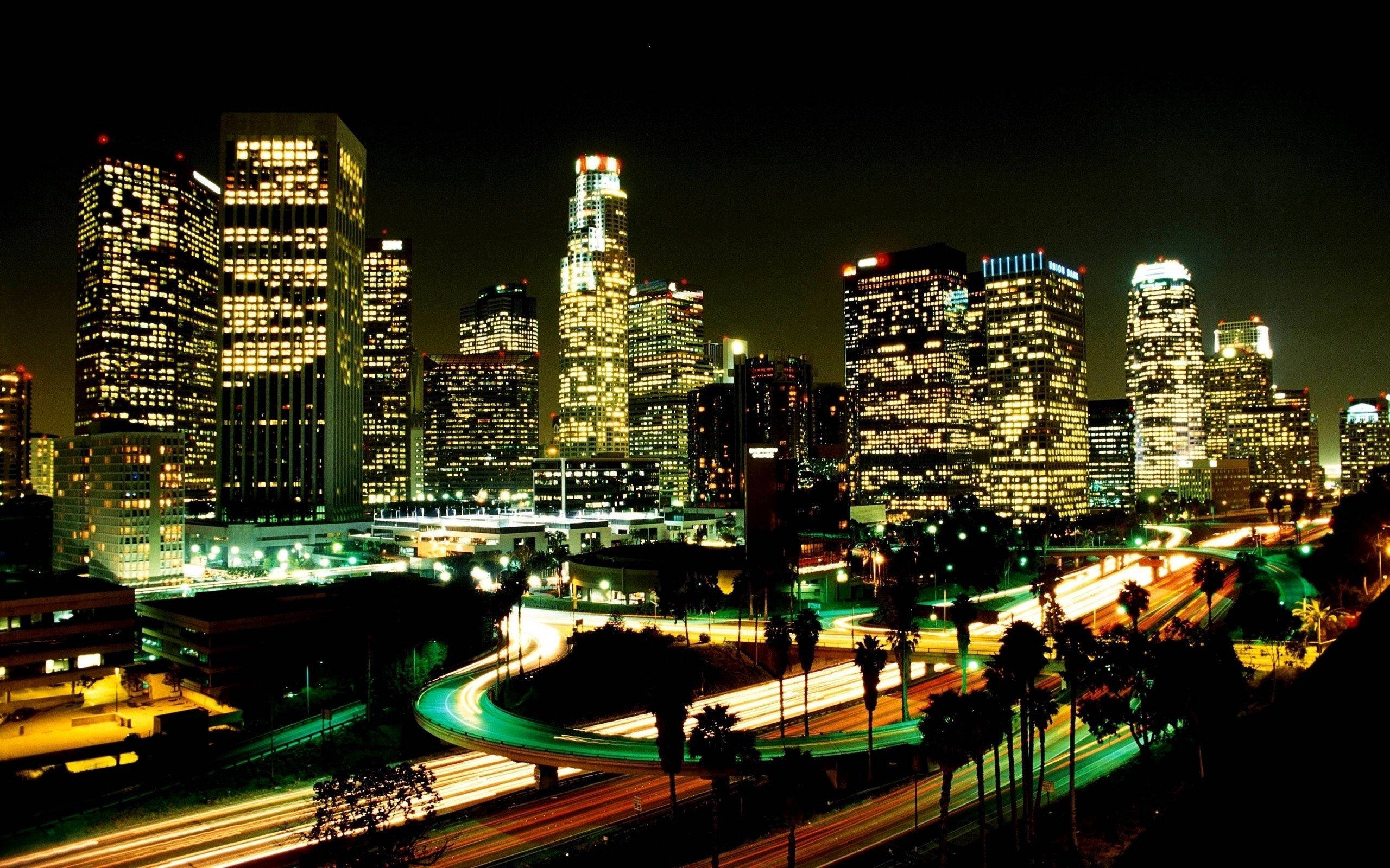 Los Angeles, skyscrapers, nighttime cityscape, 2K Desktop Wallpaper