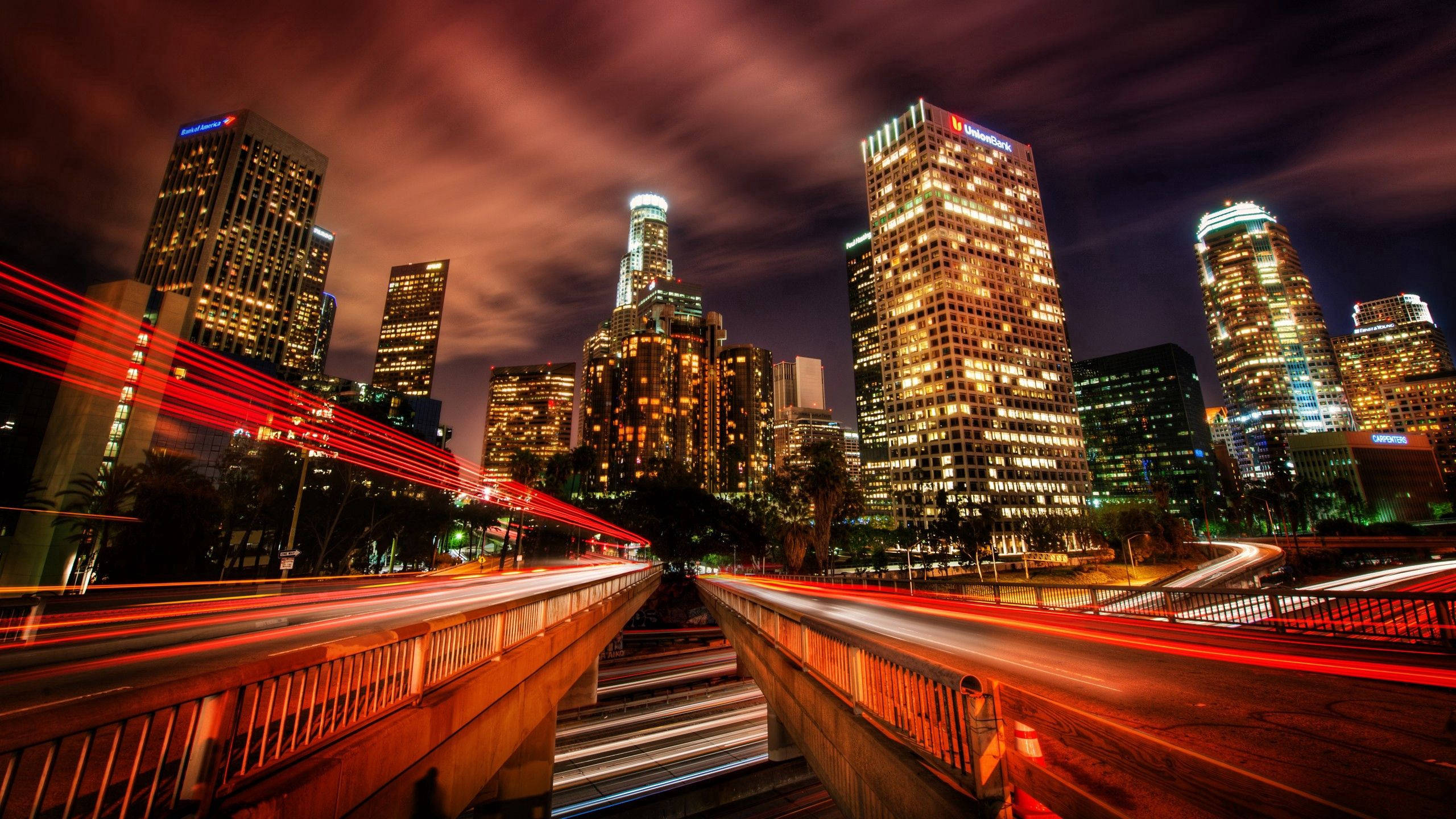 Los Angeles, city buildings, nighttime cityscape, 2K Desktop Wallpaper