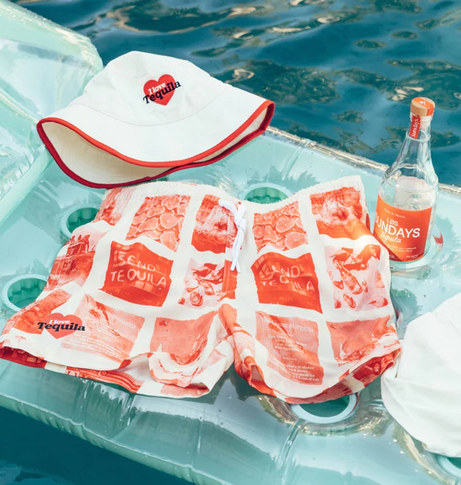 Los Sundays, white bucket hat, red-and-white tequila-themed swim trunks, SD Phone Wallpaper