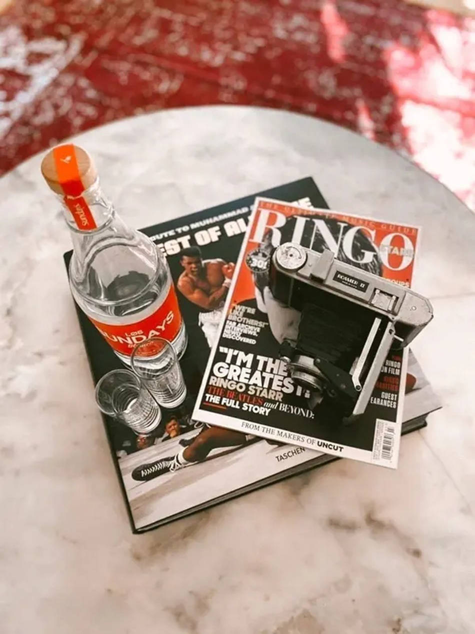 Los Sundays, vintage camera, bottle of gin, SD Phone Wallpaper